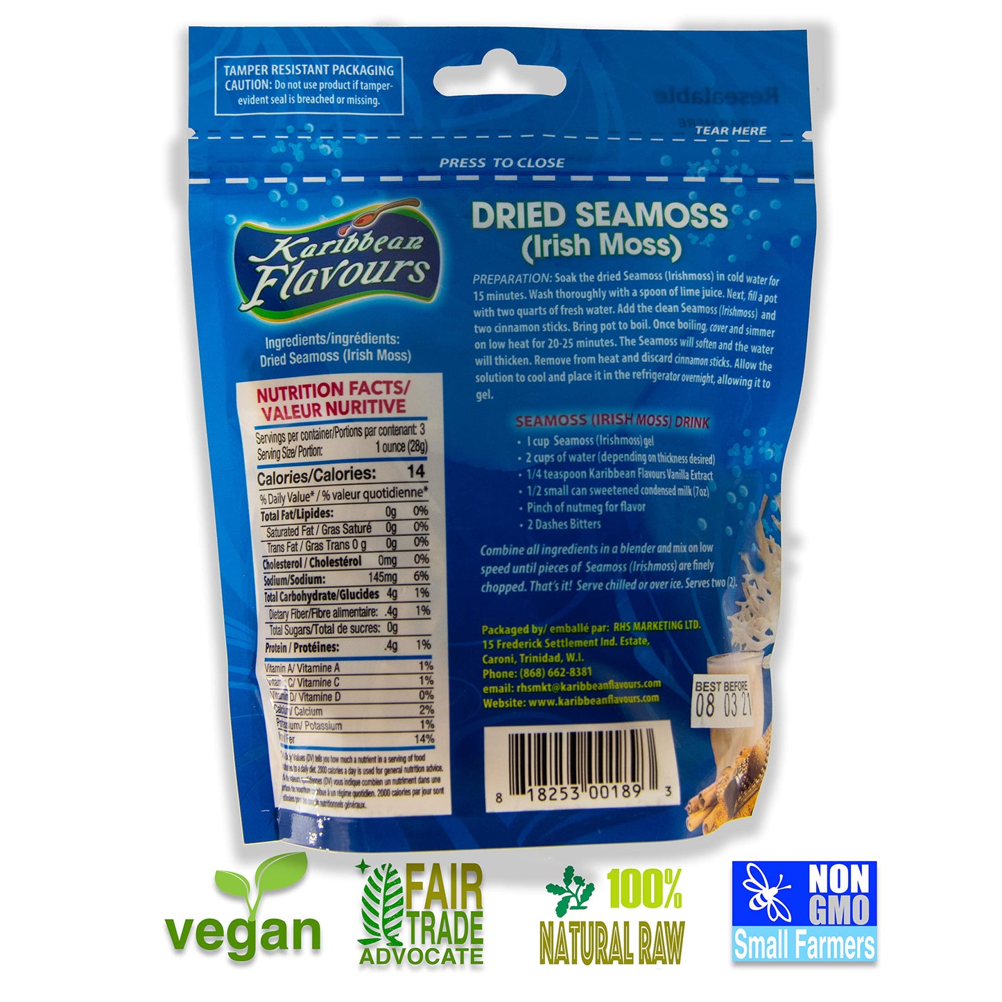 KARIBBEAN FLAVOURS Dried Sea Moss - Wildcrafted Superfood - 3 Oz (Pack of 5)