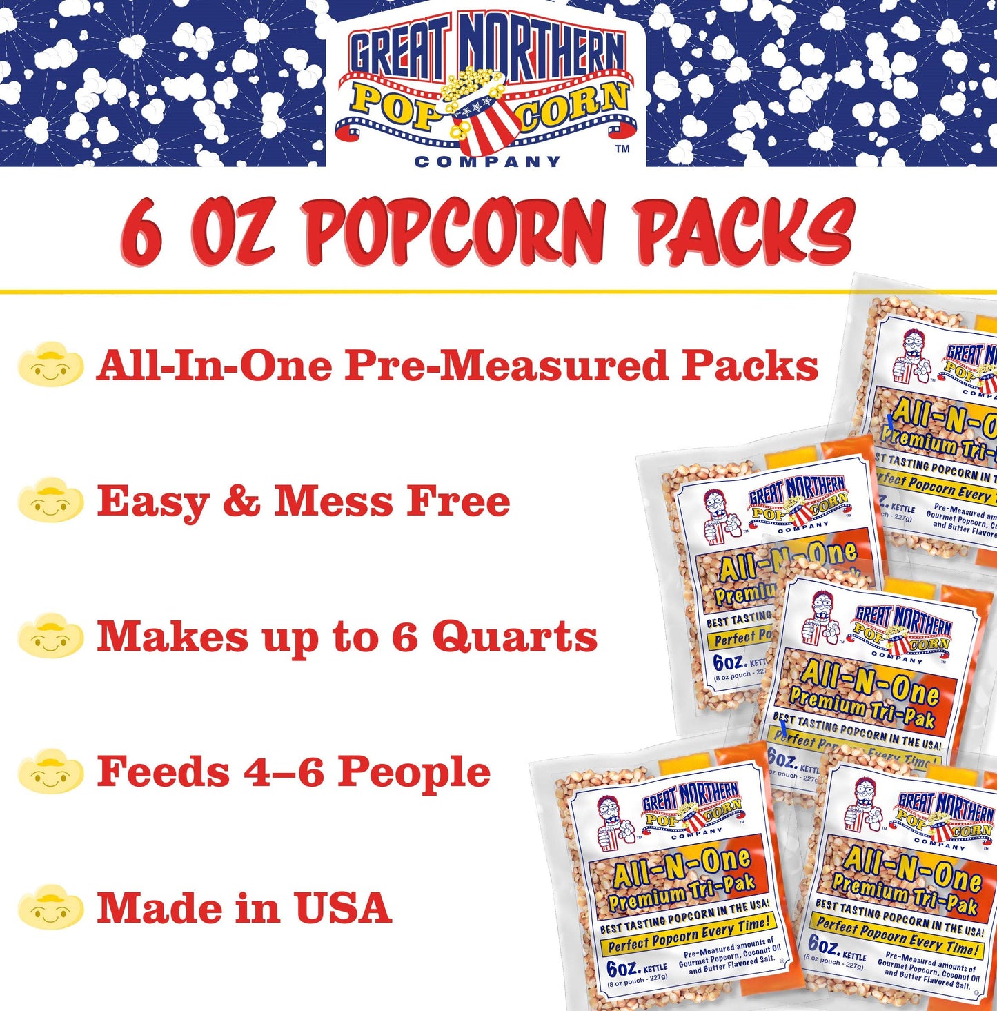 Great Northern Popcorn 6oz Popcorn Machine Packets - Movie Theater Style Kernels, Salt & Oil, 6 Ounce (Pack of 24)