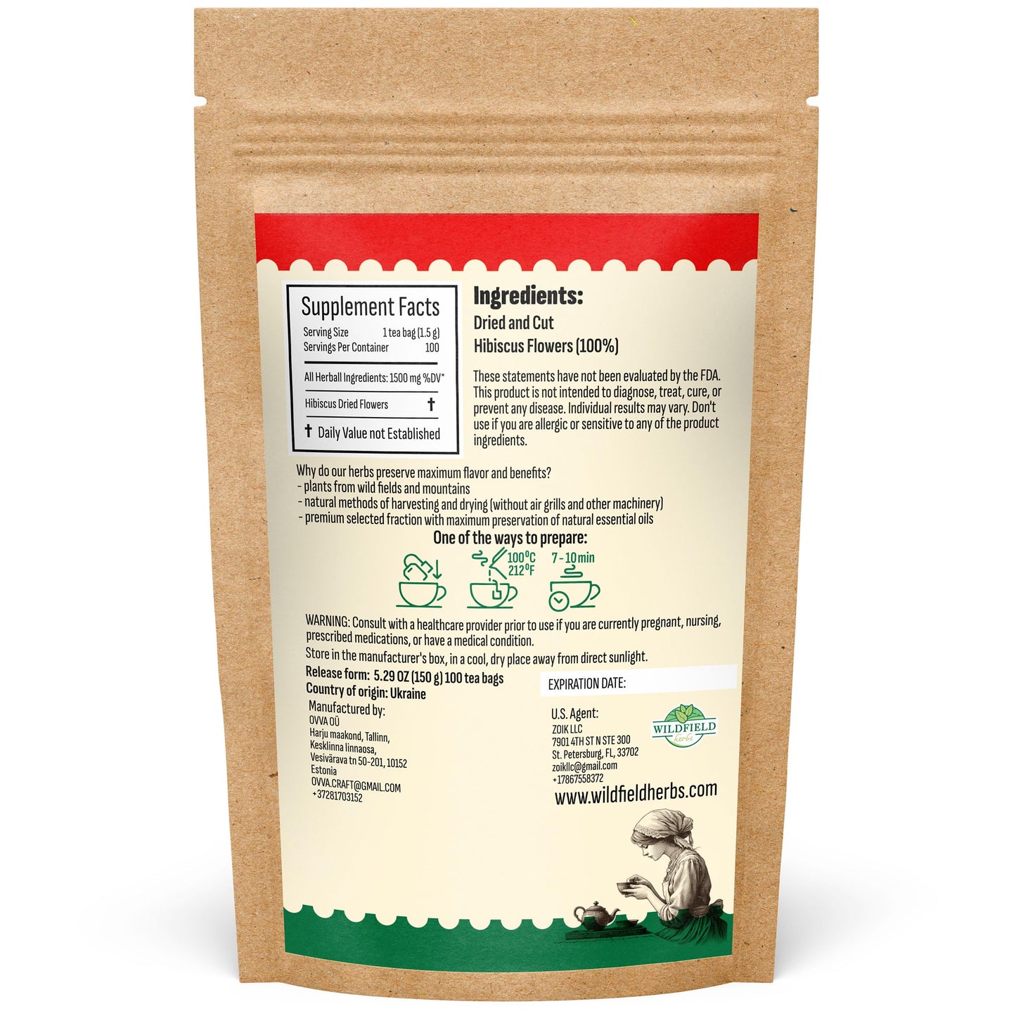 WILDFIELD HERBS Dried Hibiscus Flower Tea - 100 Tea Bags, 1.5g Each, Herbal Flor De Jamaica