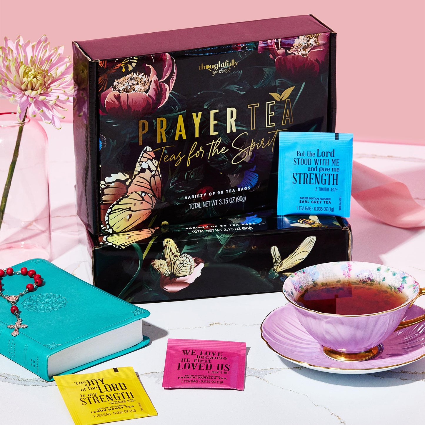 Thoughtfully Gourmet Tea Affirmations Gift Set, 6 Flavours with Bible Verses, 90 Count
