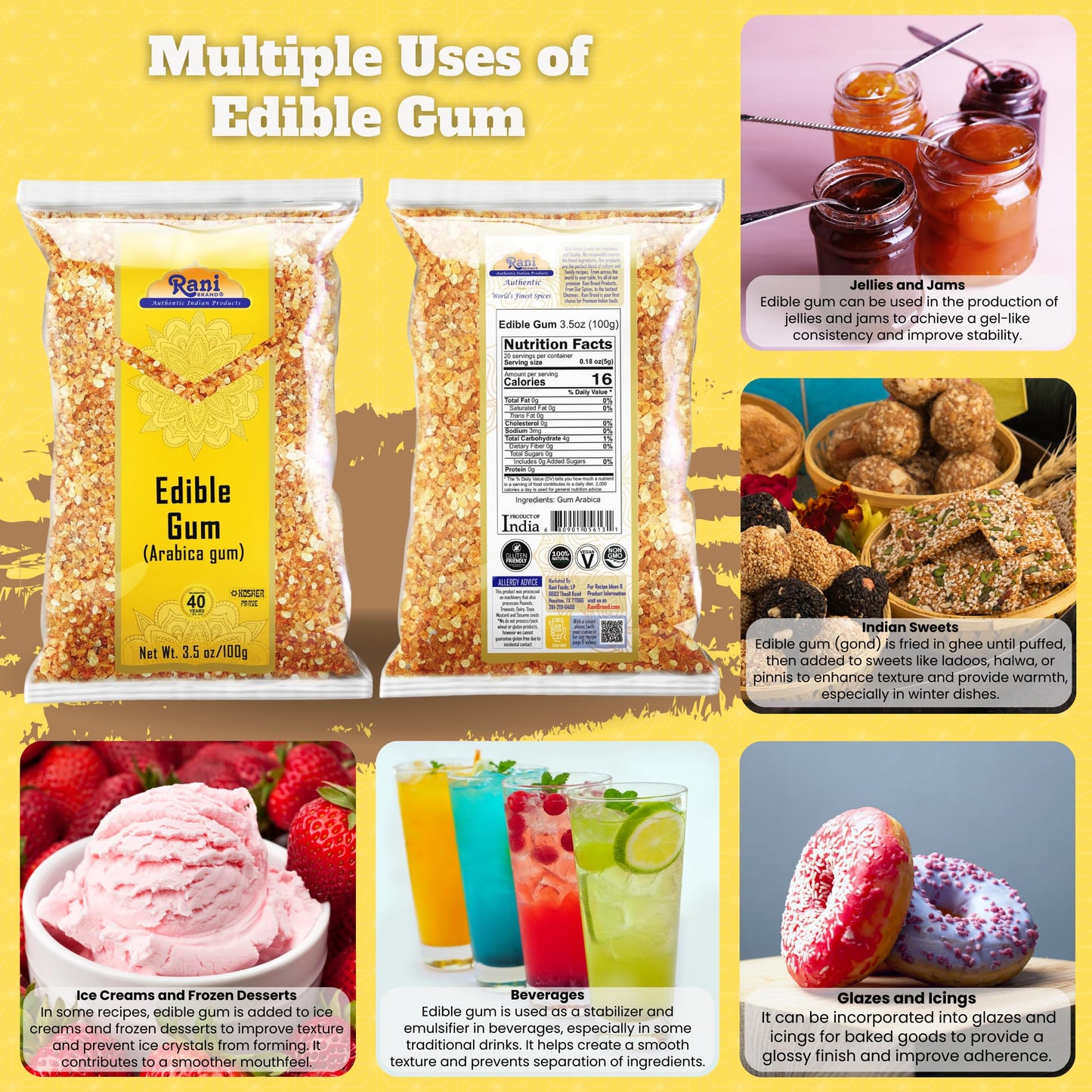 Rani Edible Gum Whole (Arabica Gum) 35Oz (100G) All Natural, Salt-Free Vegan No Colors Gluten Friendly Non-Gmo Indian Origin