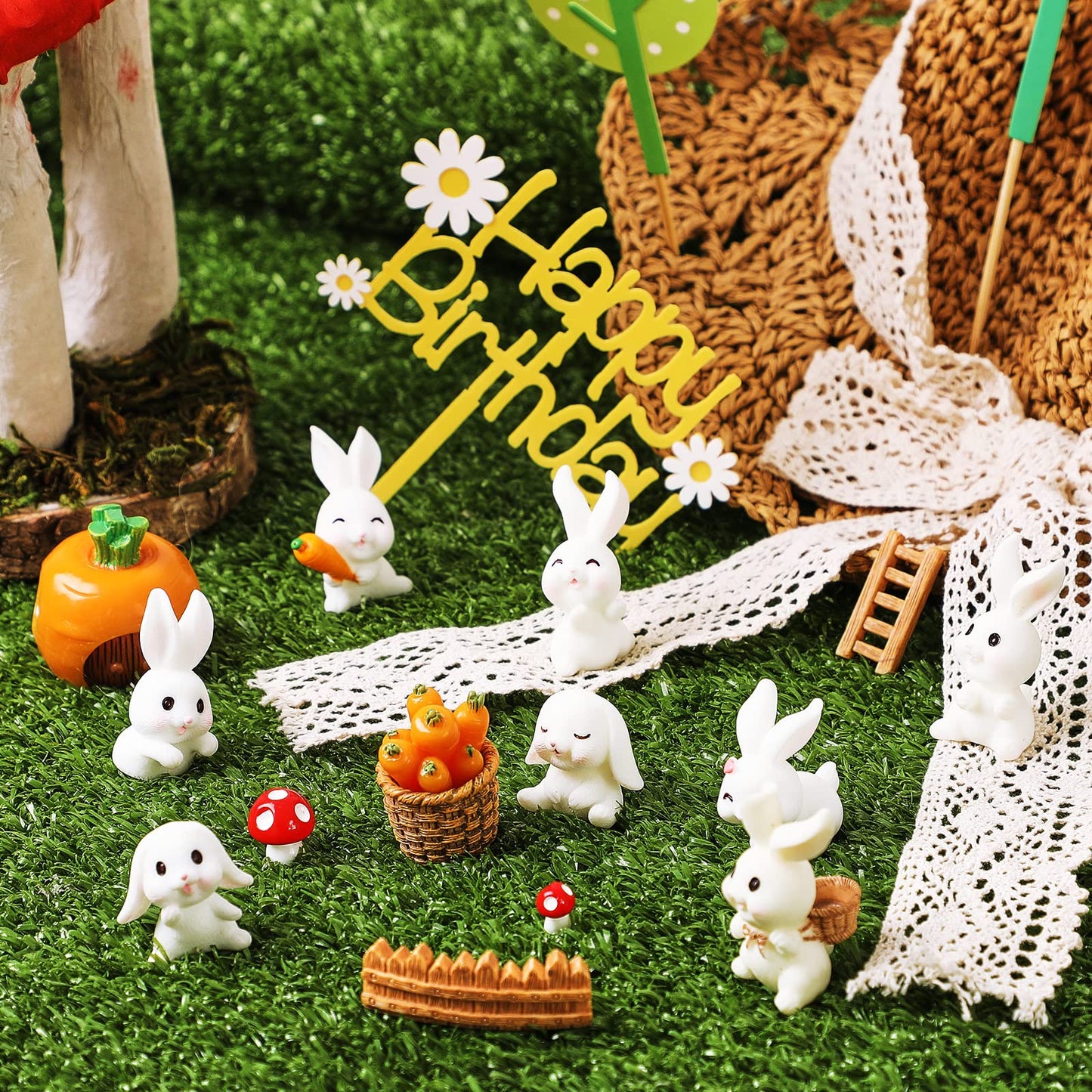 24 Pcs Bunny Cake Topper Set Rabbit Cake Decorations Rabbit Figurines Carrot Cake Decorations Rabbit Cake Topper Happy Bunny Bir