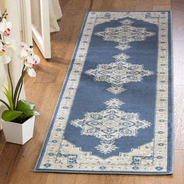 Safavieh Brentwood Collection 2 X 12 Navy  Cream Bnt865N Medallion Distressed Non-Shedding Living Room Bedroom Runner Rug