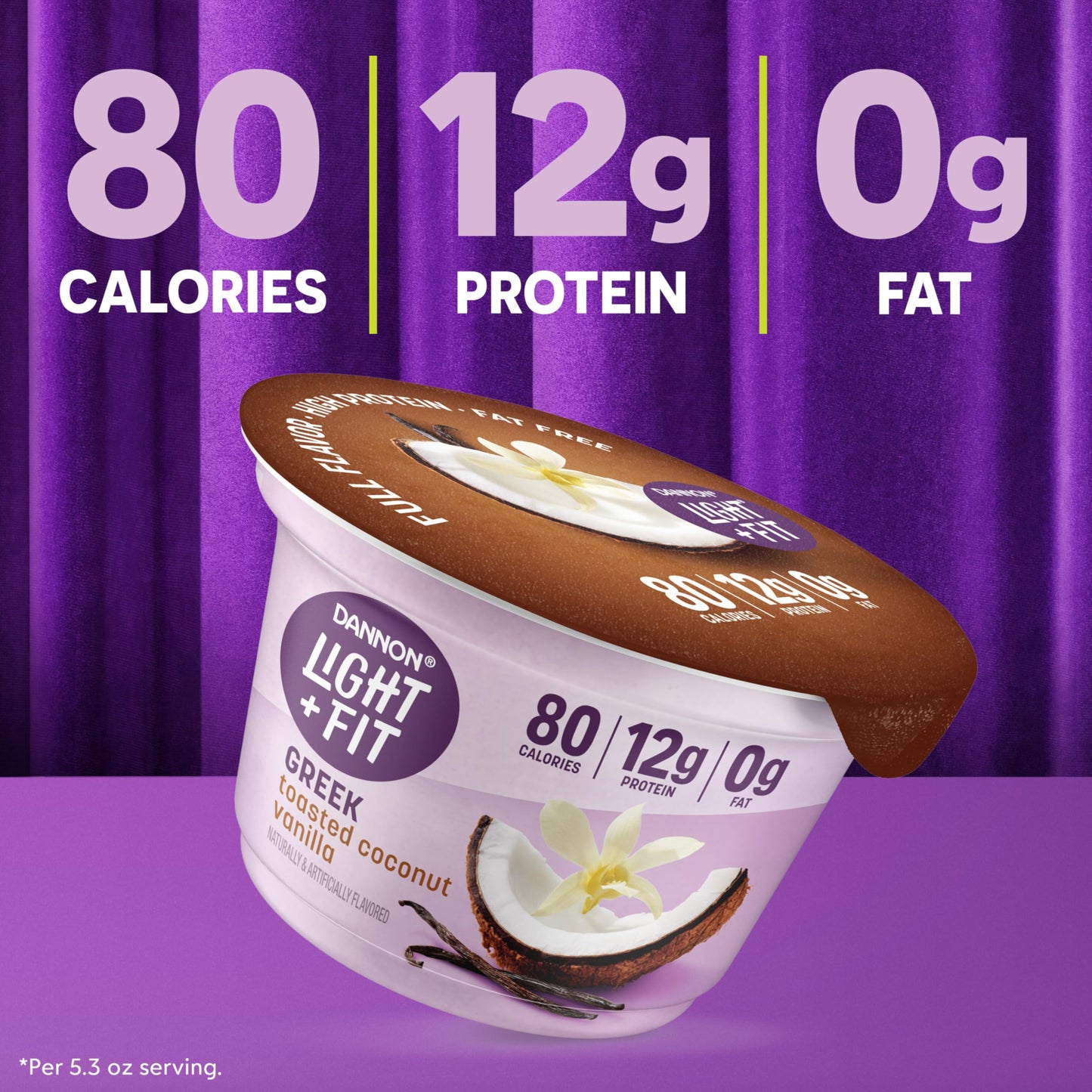 Dannon Light + Fit Greek Toasted Coconut Vanilla Fat Free Yogurt, Creamy and Delicious Gluten Free Yogurt, 4 Ct, 5.3 OZ Yogurt C