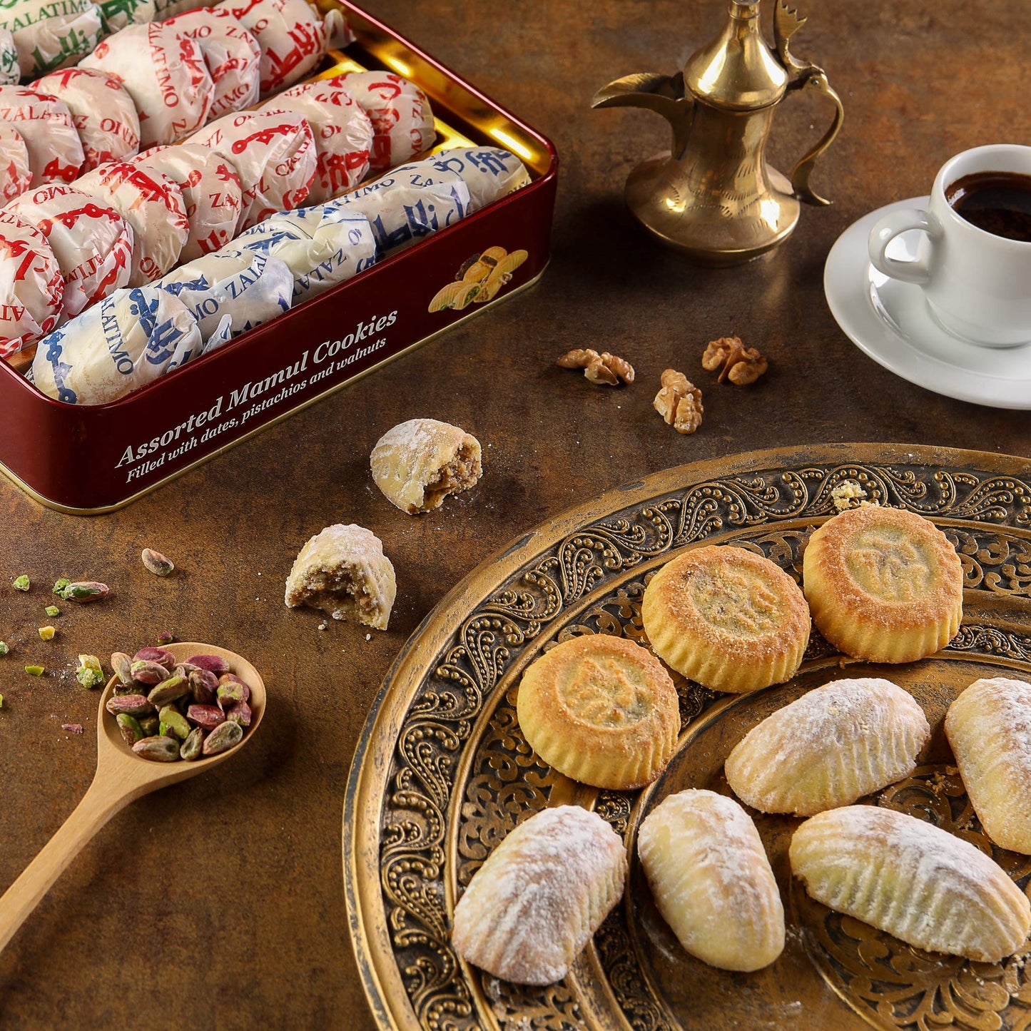 Zalatimo Sweets Since 1860 Shortbread Cookies Variety Pack, 100% All Natural Slightly Sweet, Square Metal Gift Tin, No Corn Starch, No Syrups! Assorted Baklava, Mamoul, Sesame & Butter (Pack Of 3)