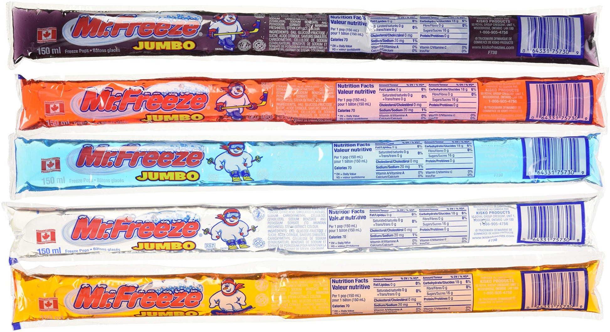Mr. Freeze Jumbo Cherry,Grape,Orange,Raspberry,Watermelon Ice Pops Freezies 150 Mililiters/5 Ounces - 70 Pack No Hfcs Imported F