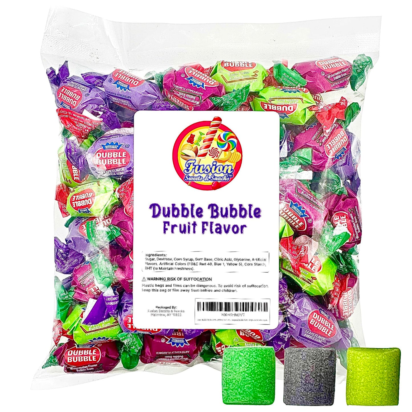 Dubble Bubble Assorted Fruit Flavor Gum - 1 Pound Bulk Bag of 3 Flavor Individually Wrapped Bubble Gum - G  Watermelon  Apple - Chewing Bubble Gum Holiday Candy(Approx. 70 Pieces)