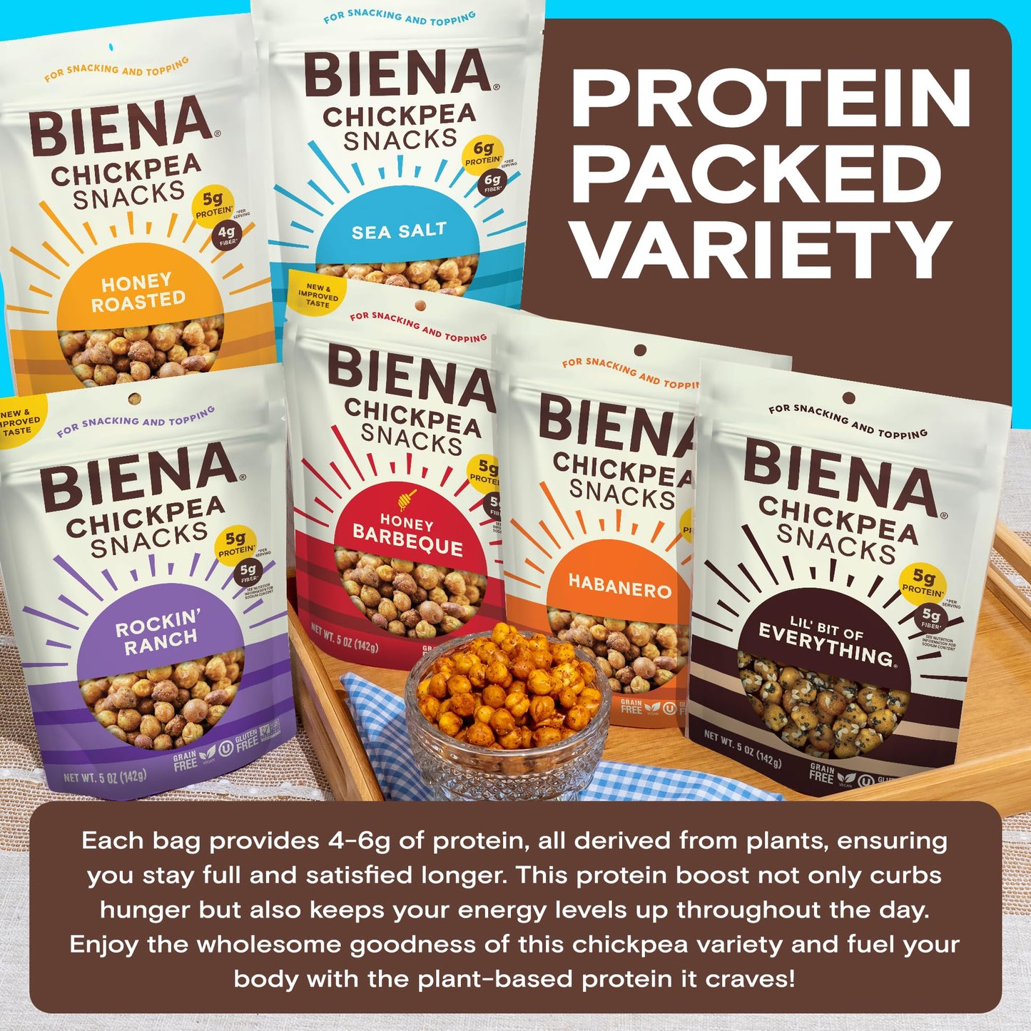 BIENA Chickpea Snacks - Crunchy Roasted Chickpeas - High Fiber Vegan Protein Snack for Adults & Kids - 6-Pack, 5 oz Bags - BBQ,