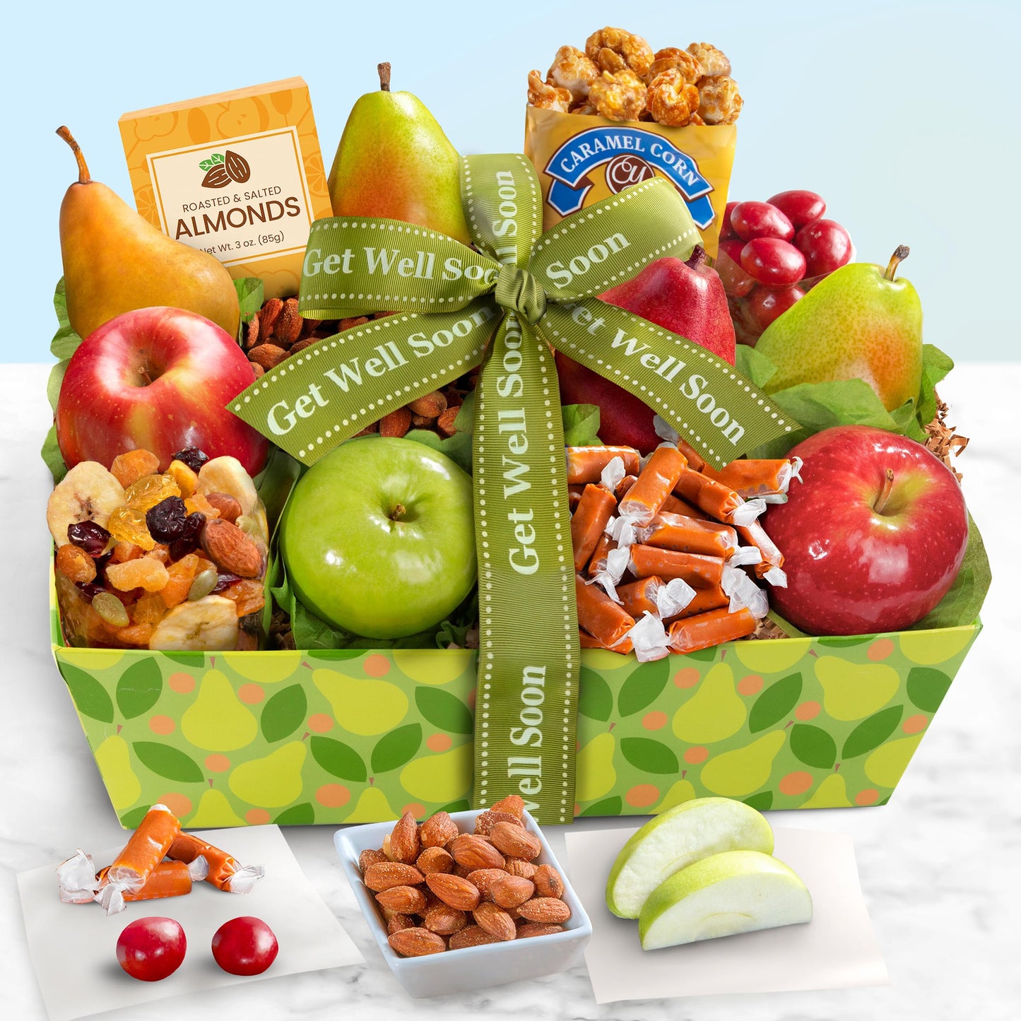 A Gift Inside Get Well Soon Orchard Delight Fruit And Gourmet Gift Basket"