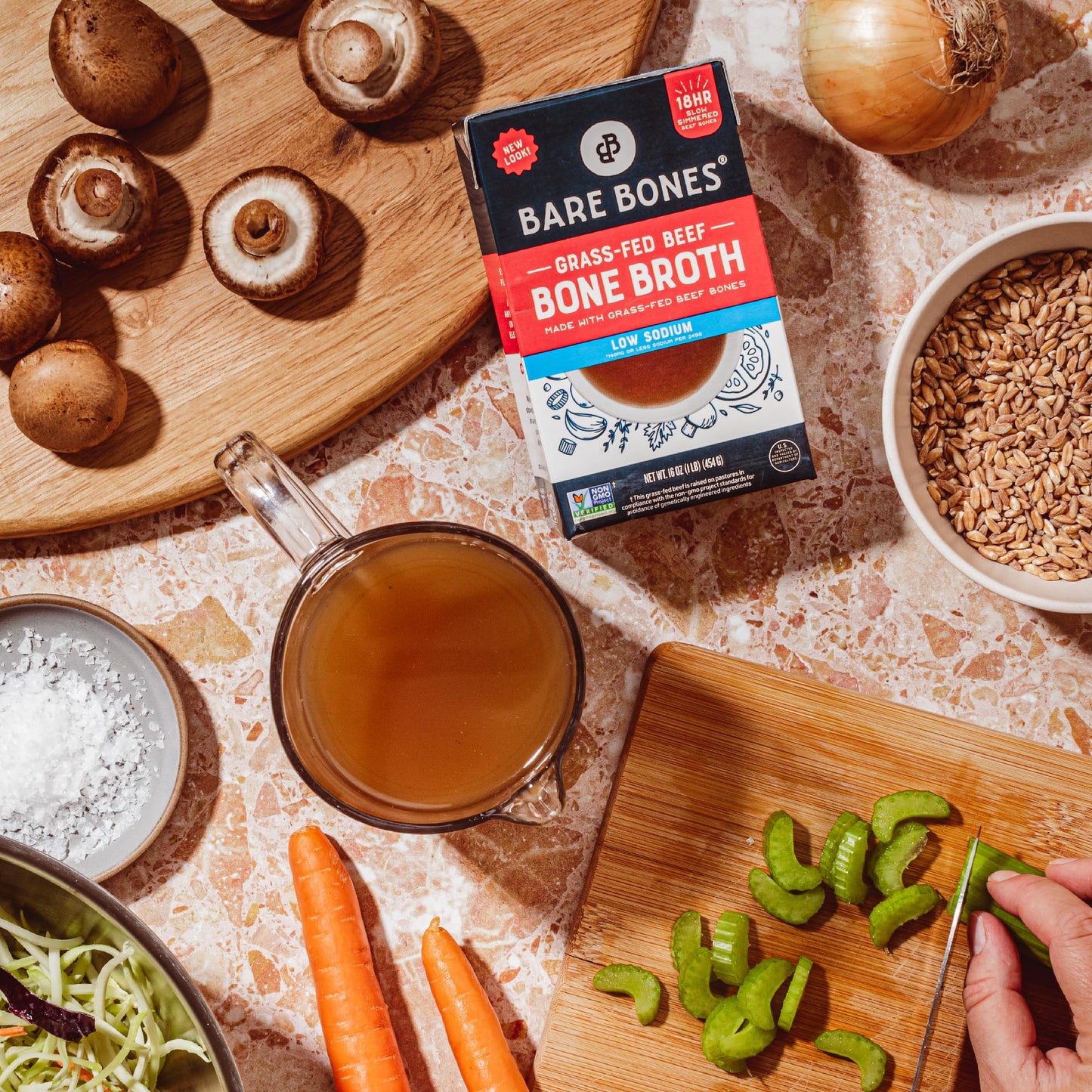 Bare Bones Low Sodium Grass-Fed Beef Bone Broth | Pour w/ Pasture Raised Protein & Collagen for Cooking & Sipping | No Artificial Flavors Non-GMO Gluten & Dairy-Free Keto & Paleo Friendly | 16oz Carton | 8 Pack
