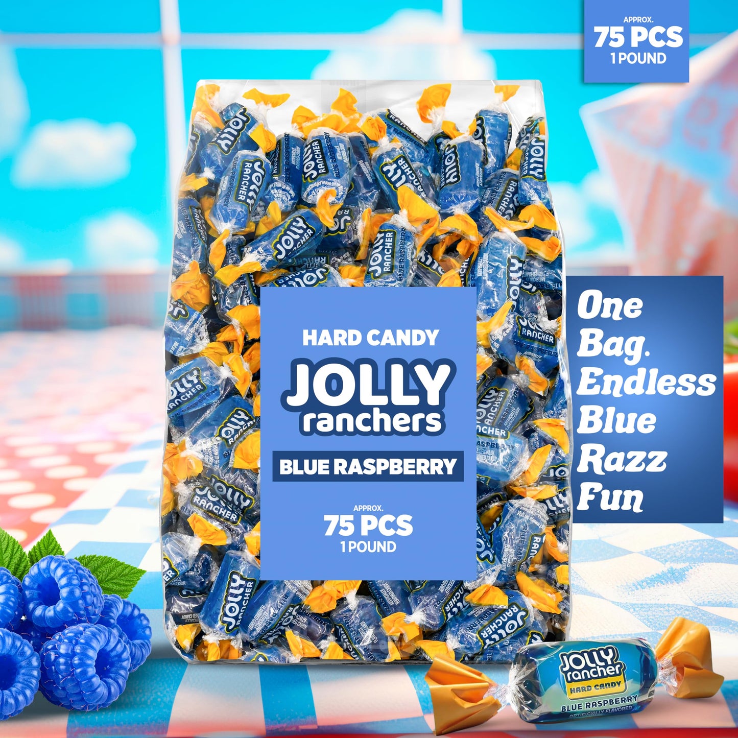 Blue Raspberry Jolly Ranchers Hard Candy - Original Flavor - 1 LB Bulk Bag (Approx. 75 Pieces) - Individually Wrapped Tart & Swe