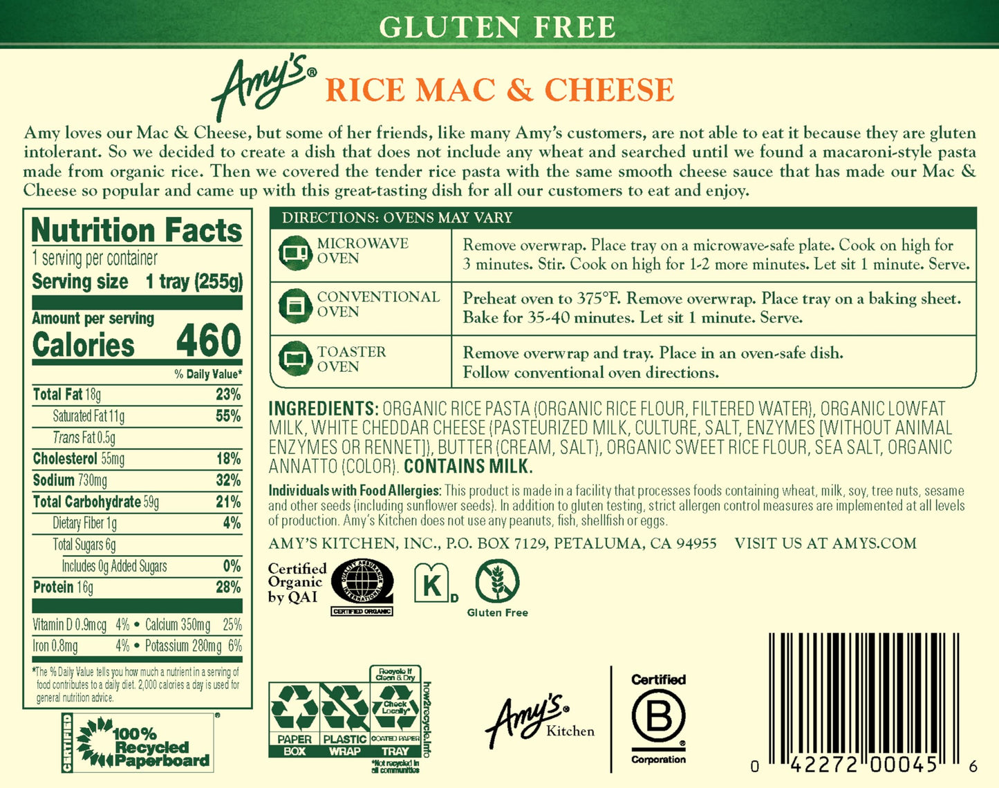 Amys Frozen Meals, Rice Mac and Cheese Pasta Tray, Made With Organic Rice and White Cheddar Cheese, Gluten Free Microwave Meals