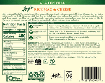 Amys Frozen Meals, Rice Mac and Cheese Pasta Tray, Made With Organic Rice and White Cheddar Cheese, Gluten Free Microwave Meals