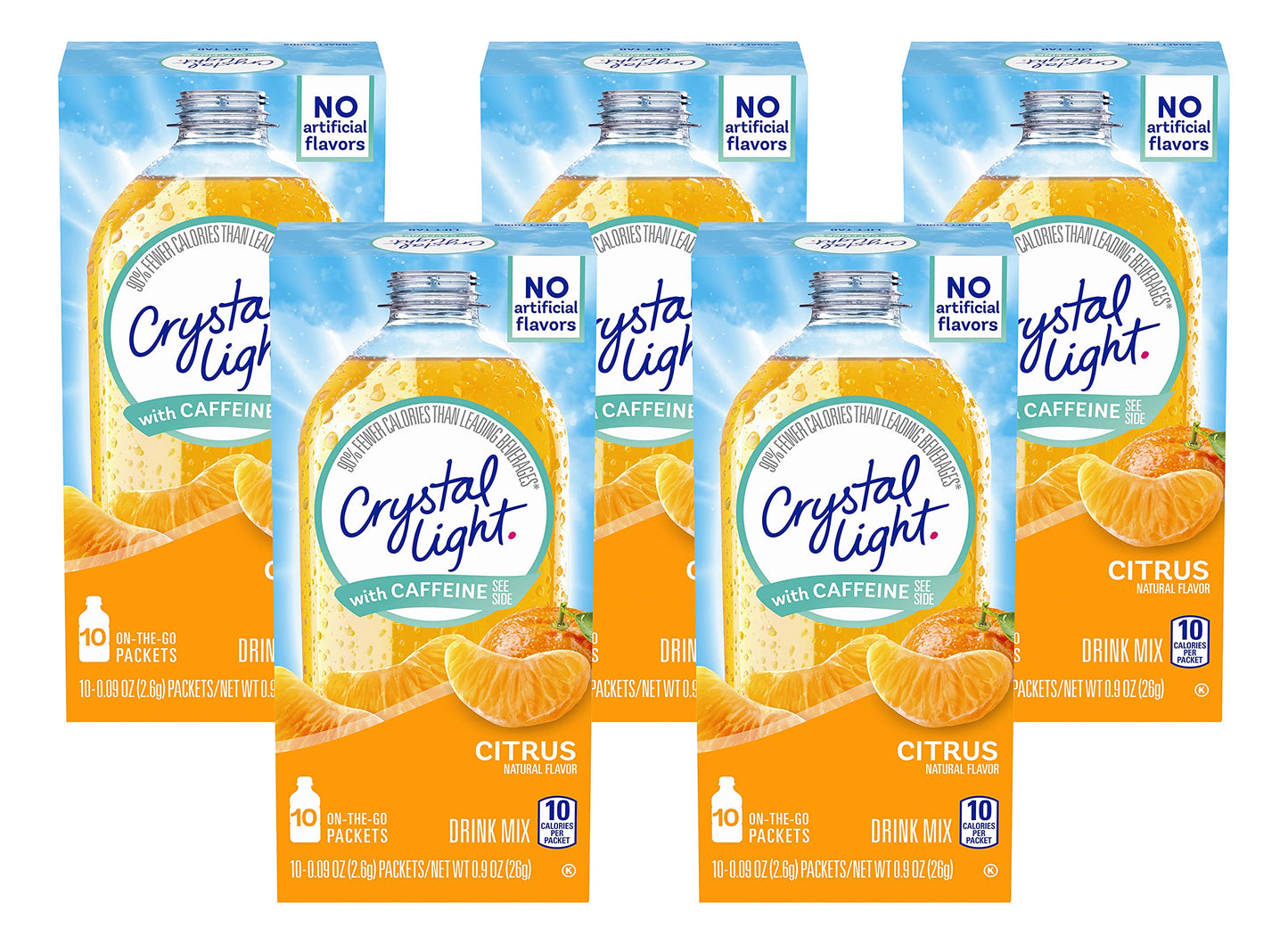 Crystal Light Citrus On-The-Go Powdered Drink Mix with Caffeine, 10 ct., 0.9 Ounce (Pack of 5)