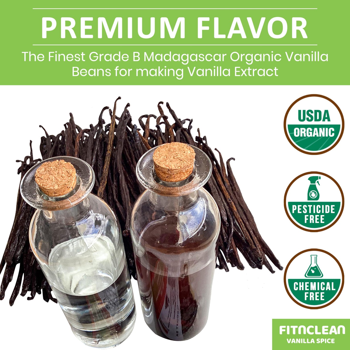FITNCLEAN VANILLA Organic Madagascar Vanilla Beans Extract Grade B - 1oz Bulk Dry Whole NON-GMO spirit-inspired flavor Pods