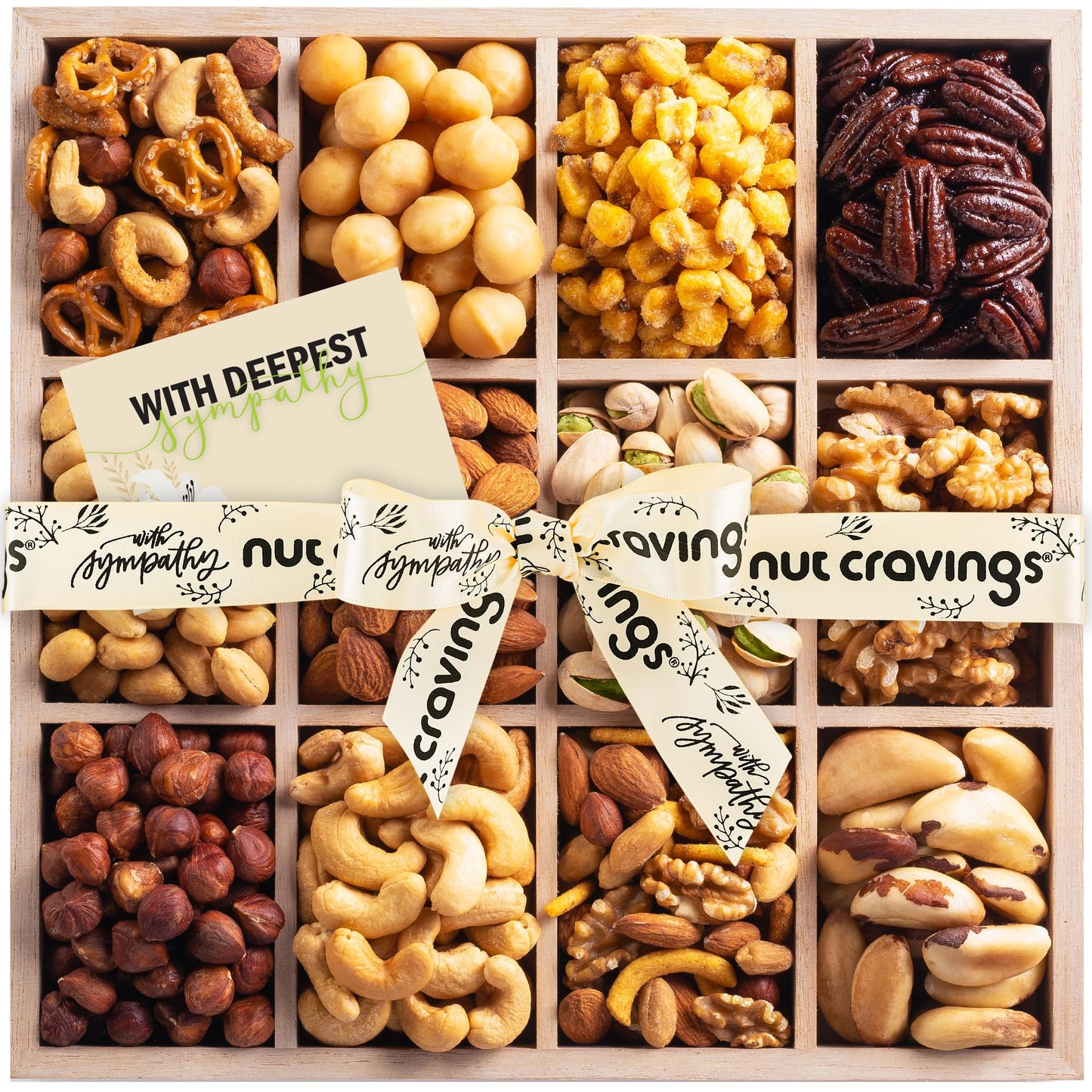 Nut Cravings Gourmet Collection - Sympathy Nuts Gift Basket With Sympathy Ribbon + Greeting Card In Reusable Wooden Tray (12 Ass