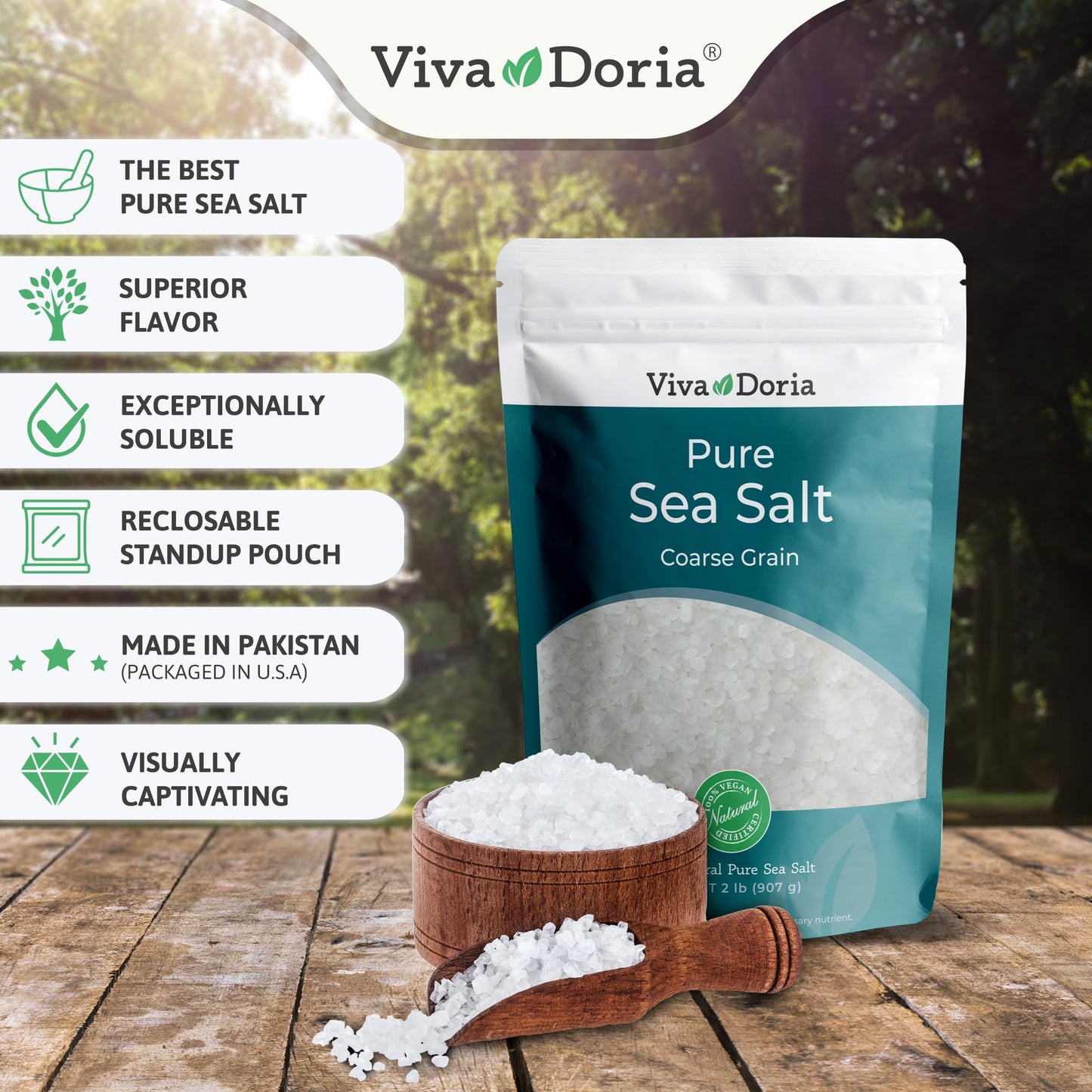 Viva Doria Pure Sea Salt, Coarse Grain, 32 Ounce (2 lb), Ideal for Salt Grinders