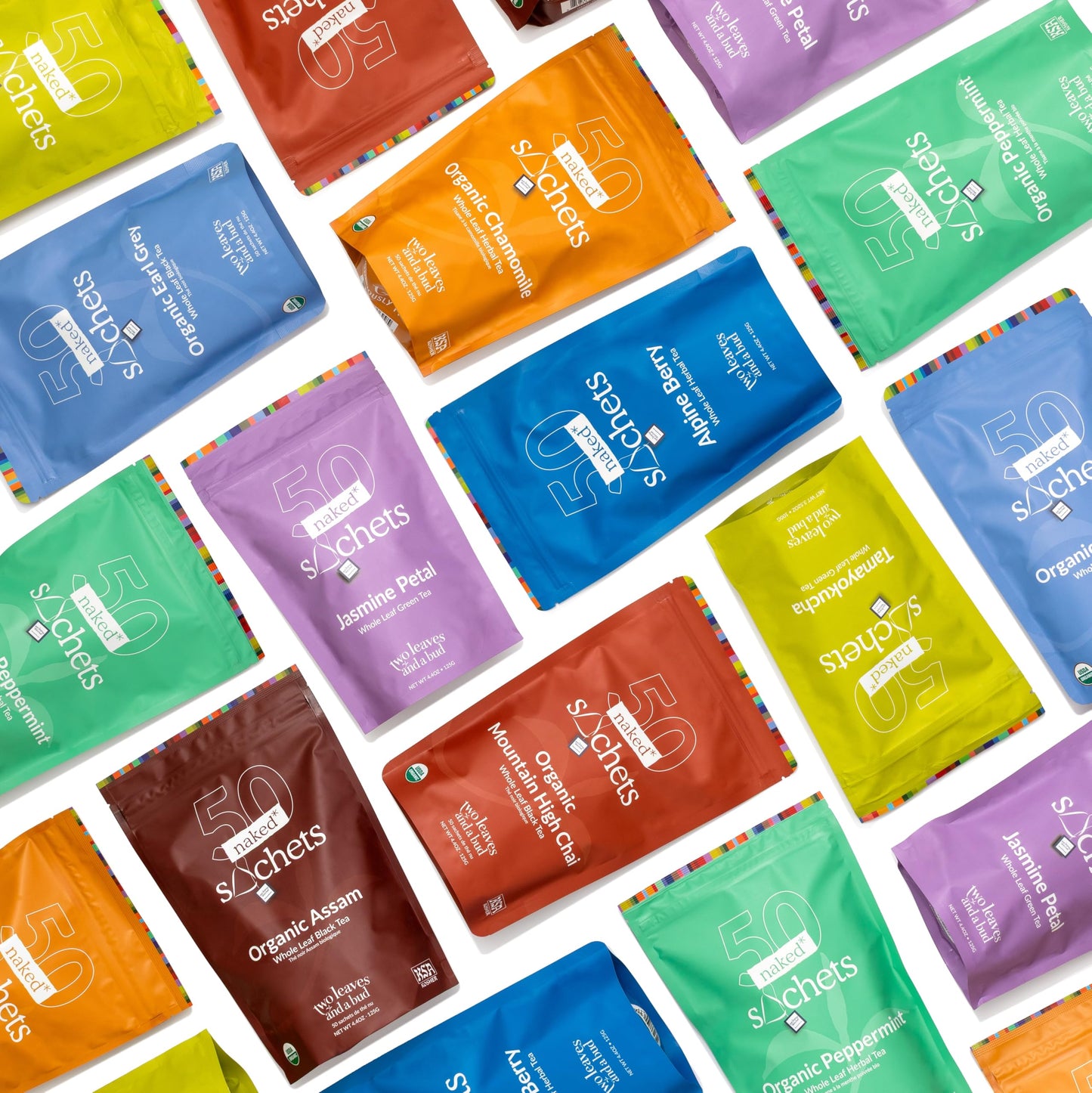 Two Leaves and a Bud Organic Peppermint - 50 Naked Tea Sachets  Naturally Caffeine Free  Whole Leaf Herbal Tea in Eco-Friendly Unwrapped Compostable Sachets  Resealable Bag  50 Count (Pack of 1)