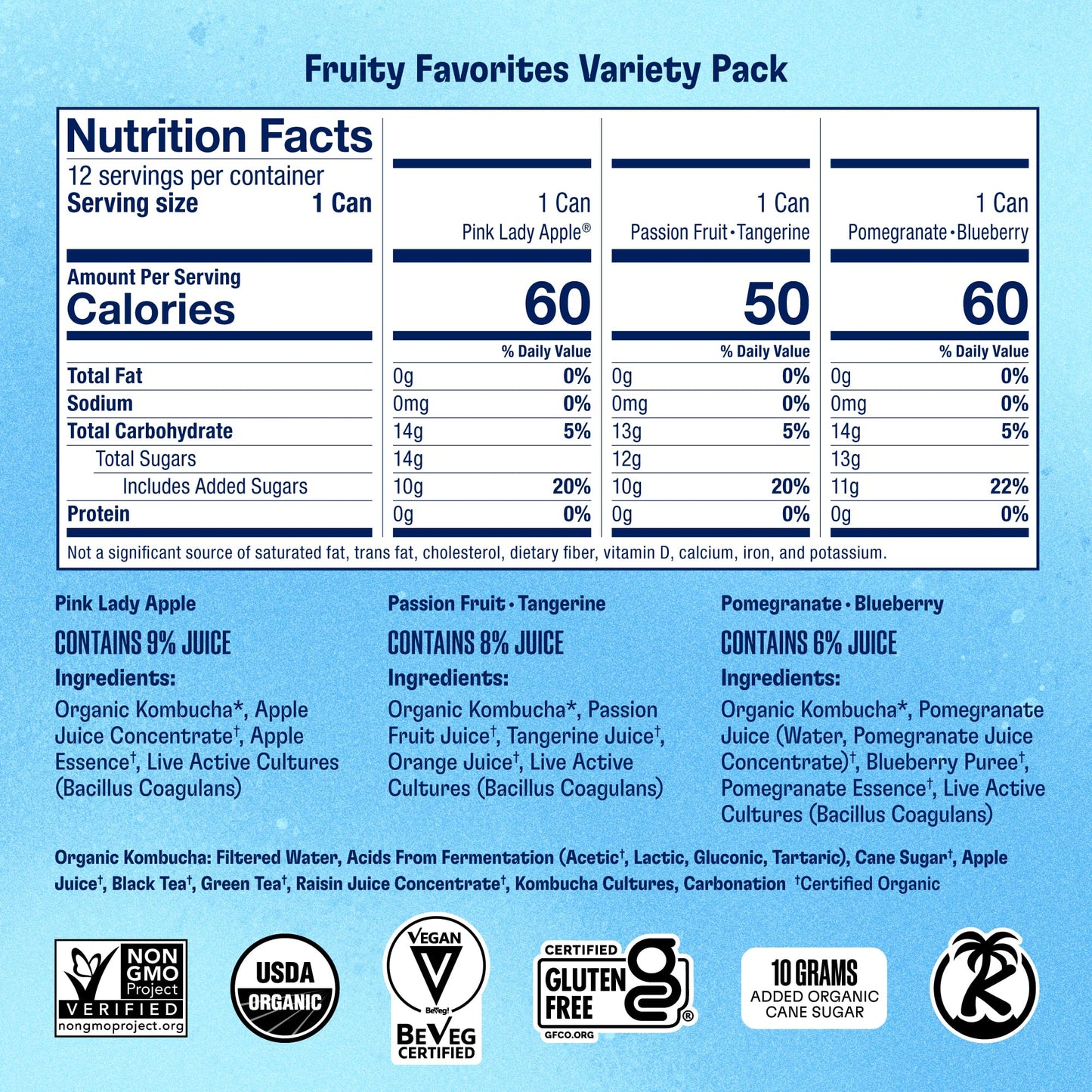 Health-Ade Organic Kombucha Tea, Fruity Favorites Variety Pack, 12-Pack (11.5 Fl Oz Cans) - Fermented with Probiotics, Supports