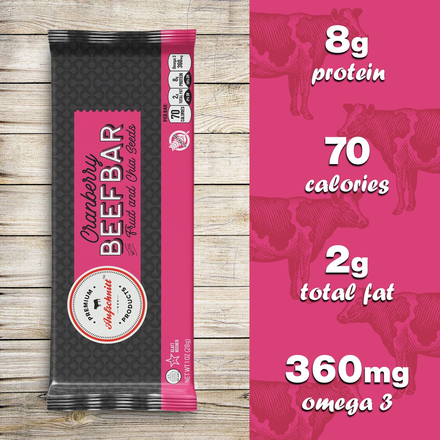 Premium Aufschnitt Beef Bars - High Protein Snack - Cranberry Flavor - 24 Count - Keto Friendly, Kosher, Halal