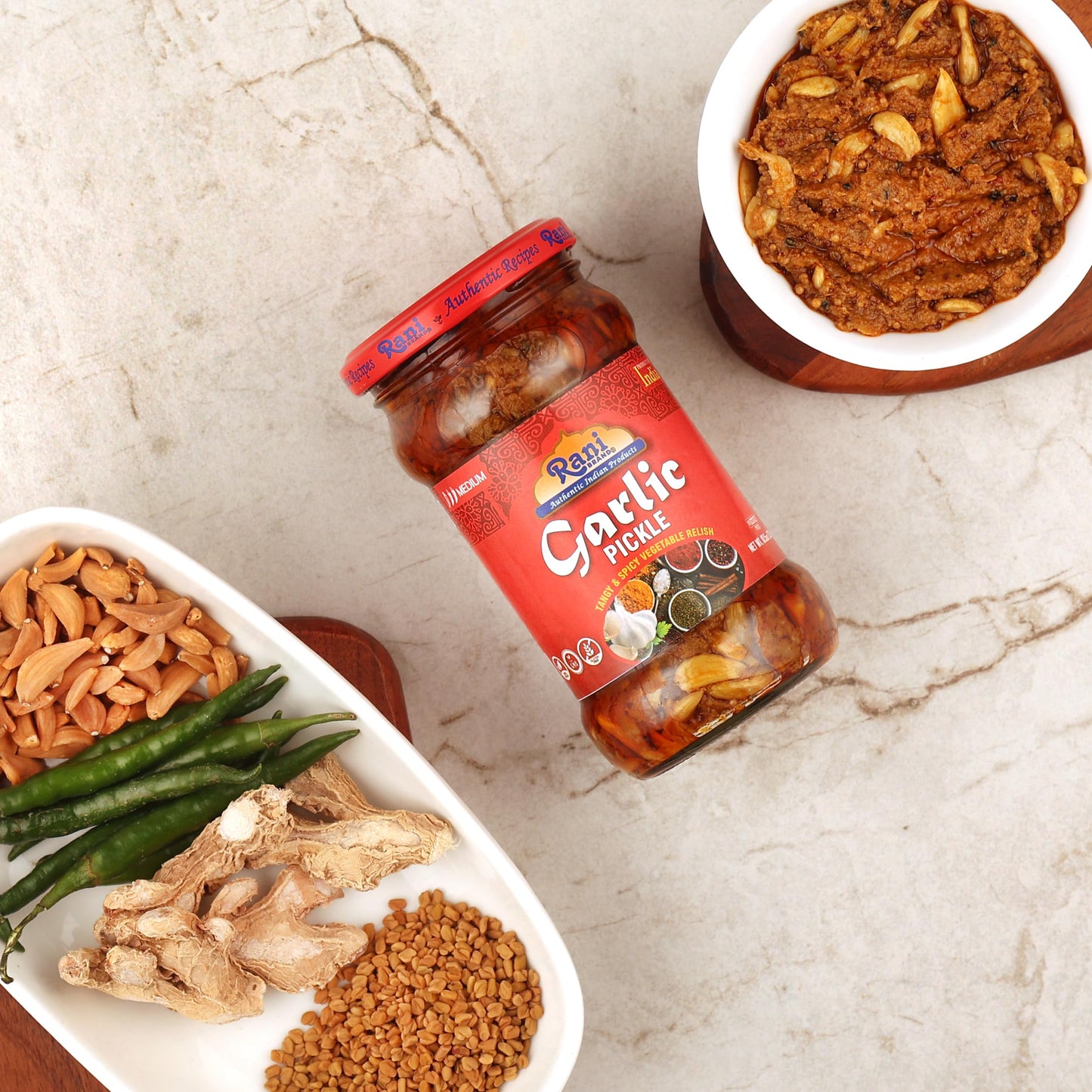 Rani Garlic Pickle, Spicy Indian Relish, Vegan, Gluten Free, 10.5oz (300g) Glass Jar