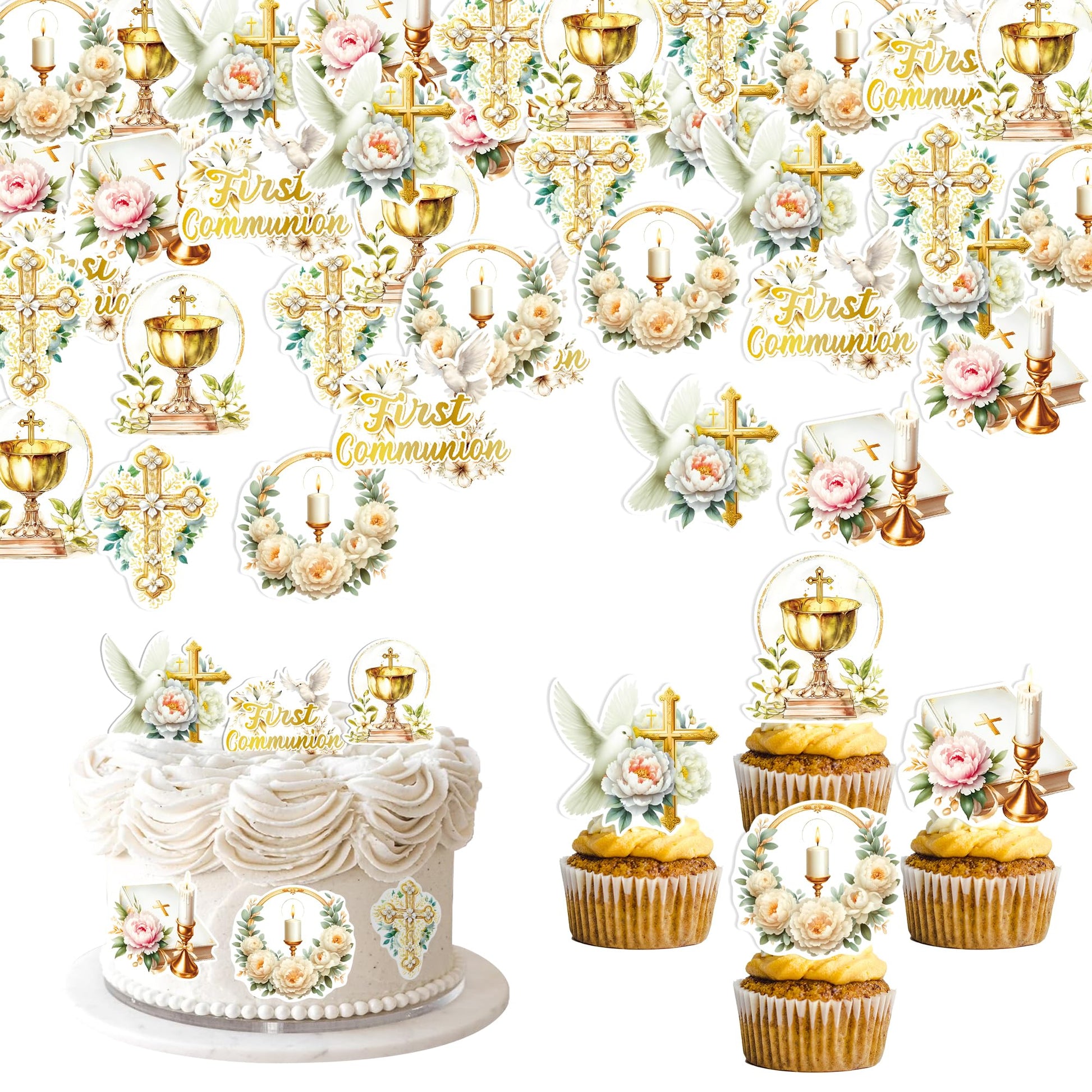 Foowztao 48 PCS Edible Cupcake Toppers - Wafer Paper Dove Cross - Golden - First Holy Communion, Baptism, Baby Shower, Birthday Party Decorations