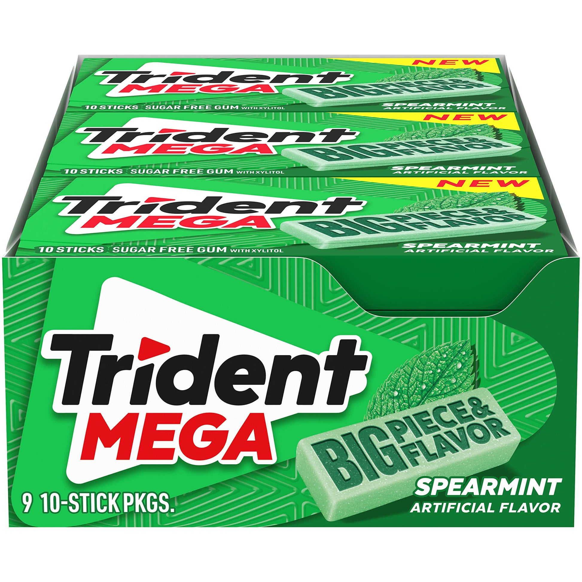 Trident Mega Spearmint Sugar Free Gum, 9 Packs Of 10 Pieces (90 Total Pieces),10 Count (Pack Of 9)