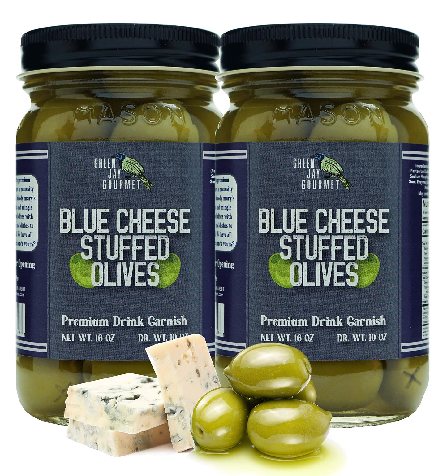Green Jay Gourmet Blue Cheese Stuffed Olives - 2 x 16 Ounces - All Natural - Perfect for Cocktails and Cheese Boards