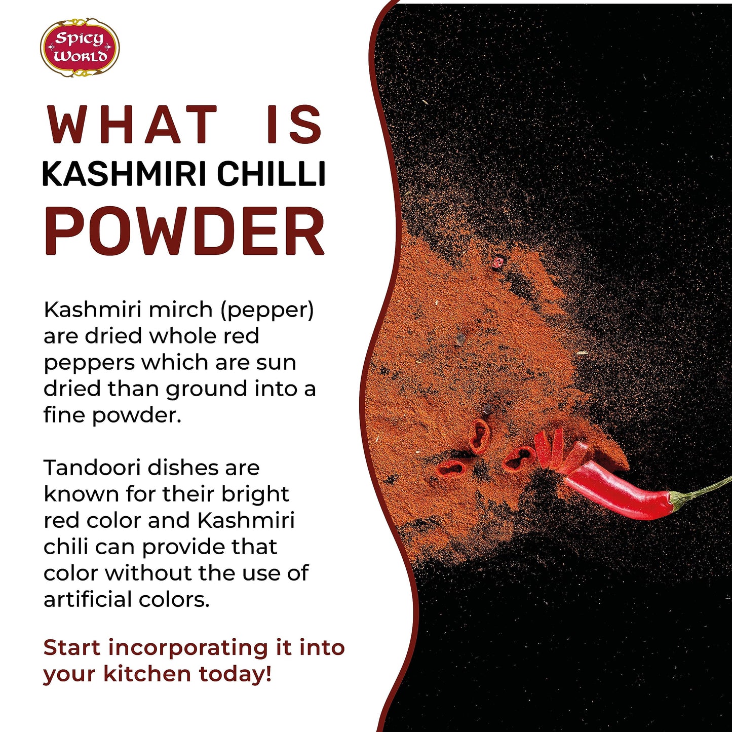 Spicy World Kashmiri Chili Powder - 7 oz Resealable Bag | All Natural, Low Heat Red Chili Powder for Cooking and Seasoning