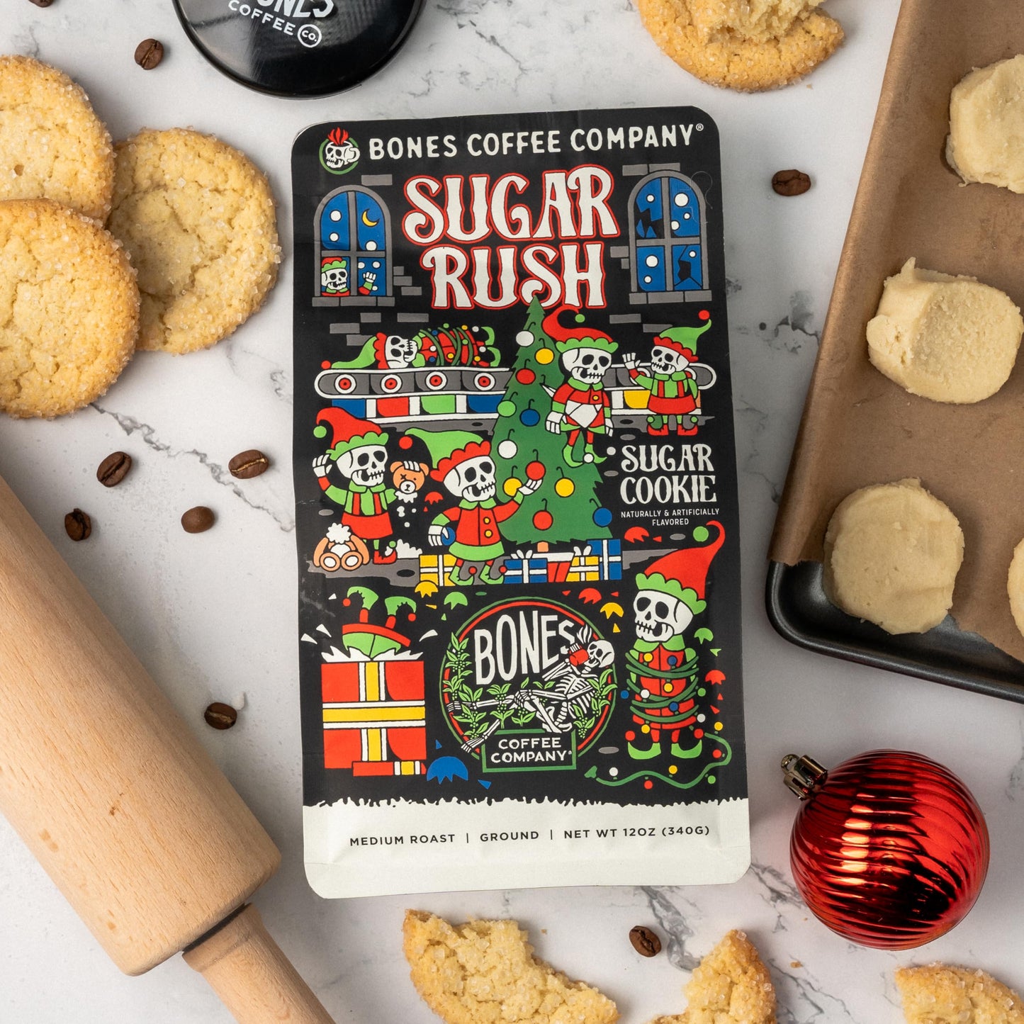 Bones Coffee Company Sugar Rush, Sugar Cookies Flavored Coffee, Medium Roast Low Acid Arabica Beans Compatible with Auto drip an