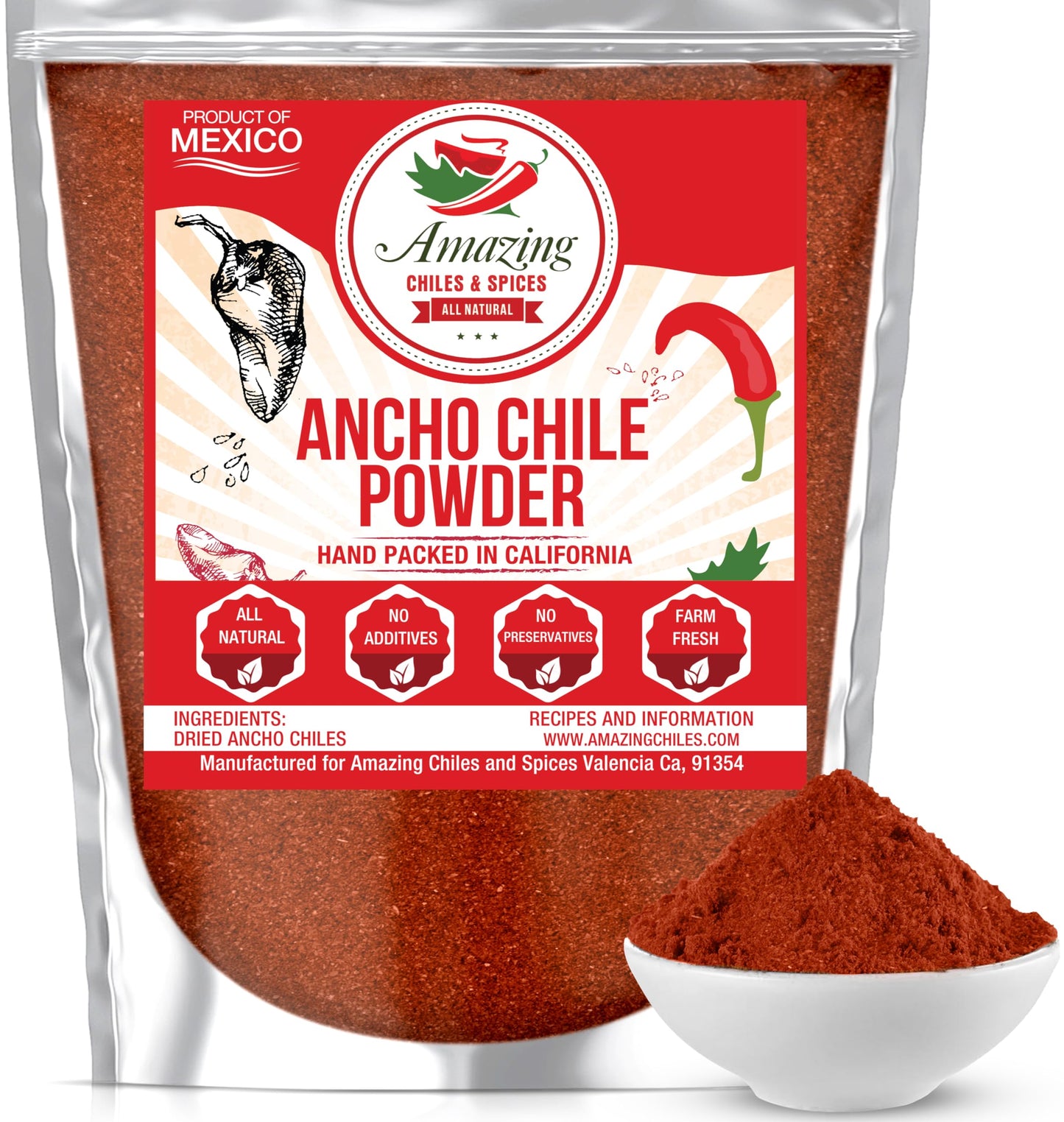 Amazing Chiles & Spices Ancho Chile Pepper Powder - Mild to Medium Heat, Sweet & Smoky Flavor, 4oz
