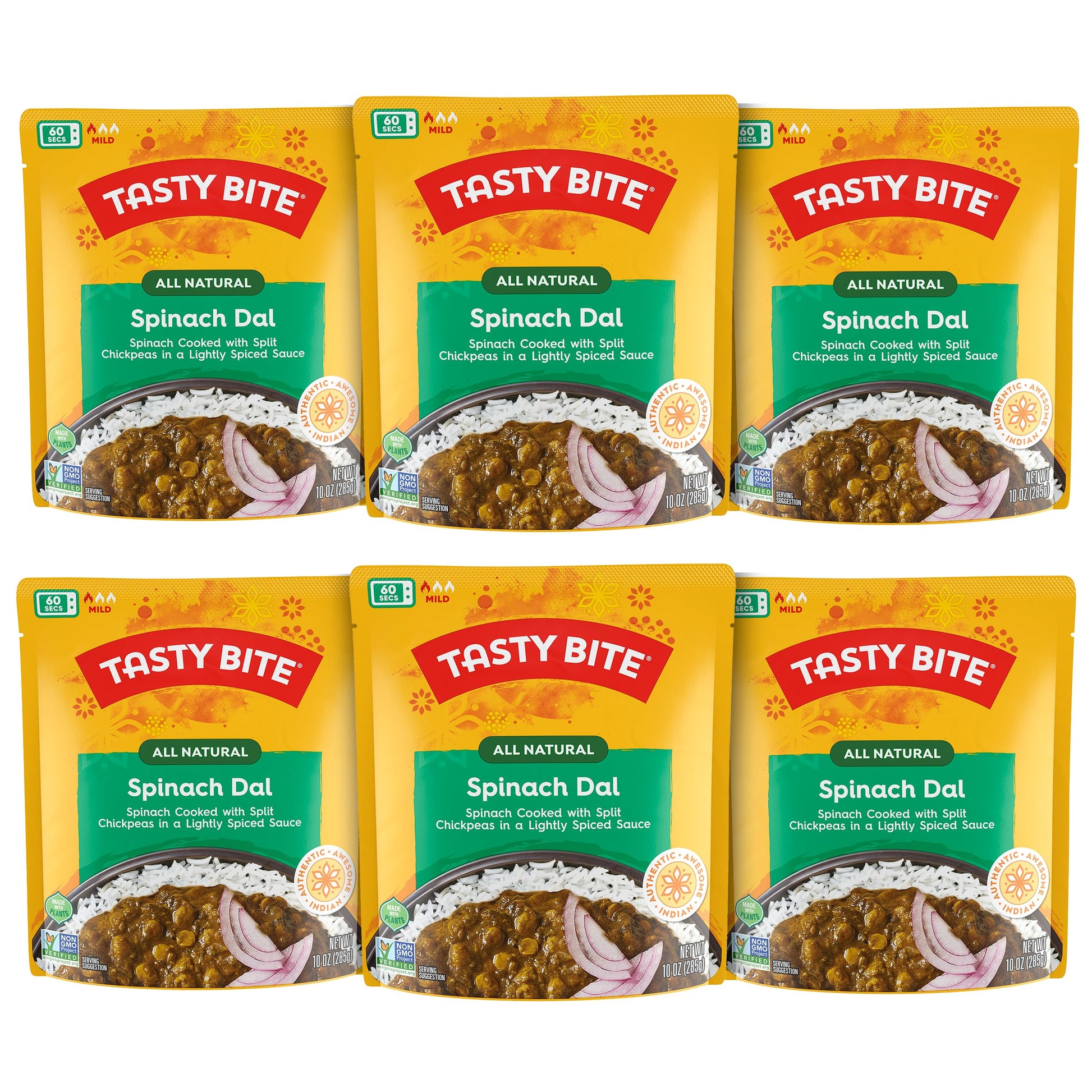 Tasty Bite Spinach Dal, Ready To Eat, 10 Ounce, Pack Of 6, Microwavable With Spinach & Lightly Spiced Sauce, Vegan