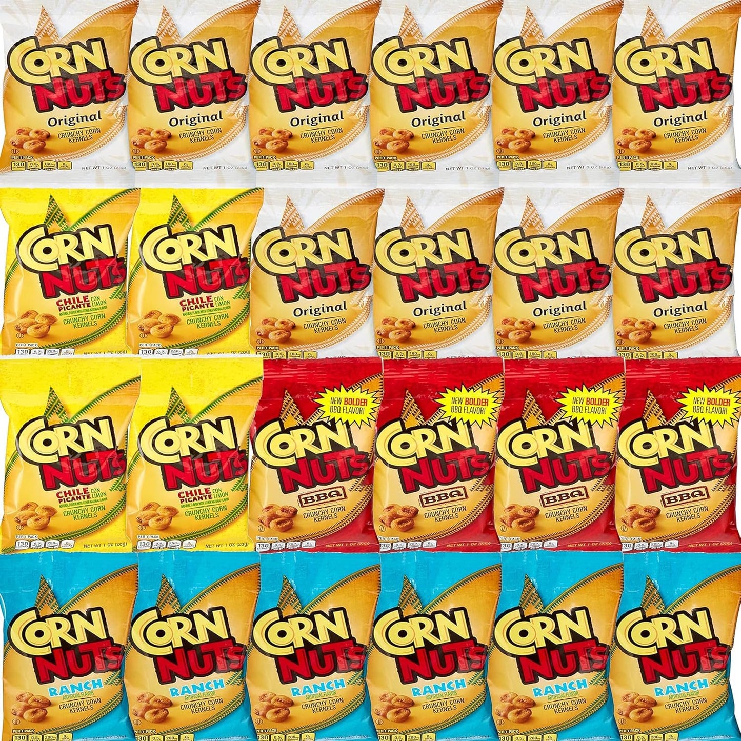 Corn Nuts Variety Pack 24 Pack - Original, Ranch, Bbq, Chile Picante Con Limon Crunchy Corn Kernels