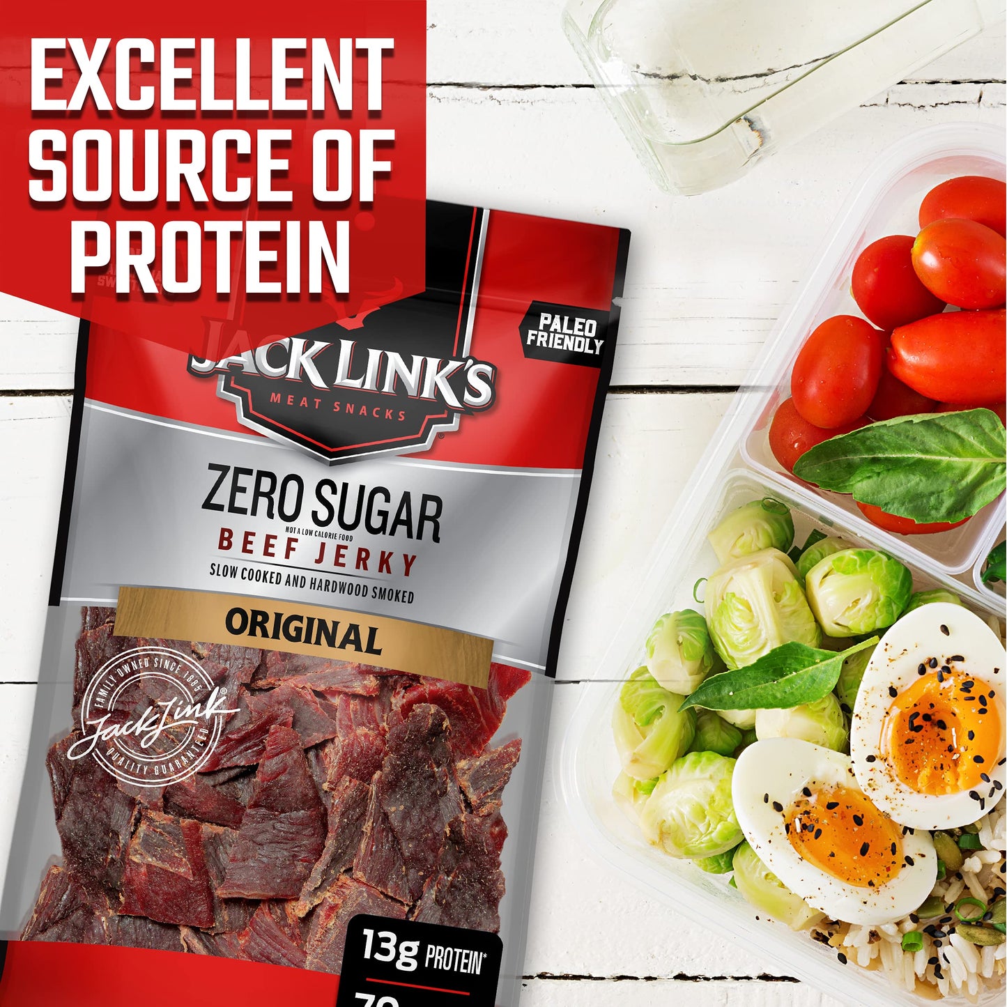 Jack Link'S Beef Jerky, Zero Sugar, Paleo Friendly Snack With No Artificial Sweeteners, 13G Of Protein And 70 Calories Per Servi