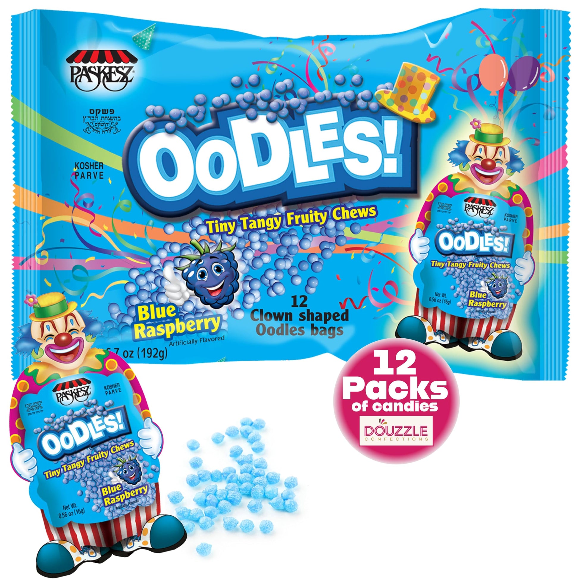 DOUzzle Oodles Clown Shaped, Blue Raspberry Tiny Tangy Chews (12 Count, Pack of 1) Individually Wrapped Candies, Birthday Party 