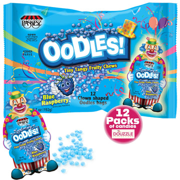 DOUzzle Oodles Clown Shaped, Blue Raspberry Tiny Tangy Chews (12 Count, Pack of 1) Individually Wrapped Candies, Birthday Party 
