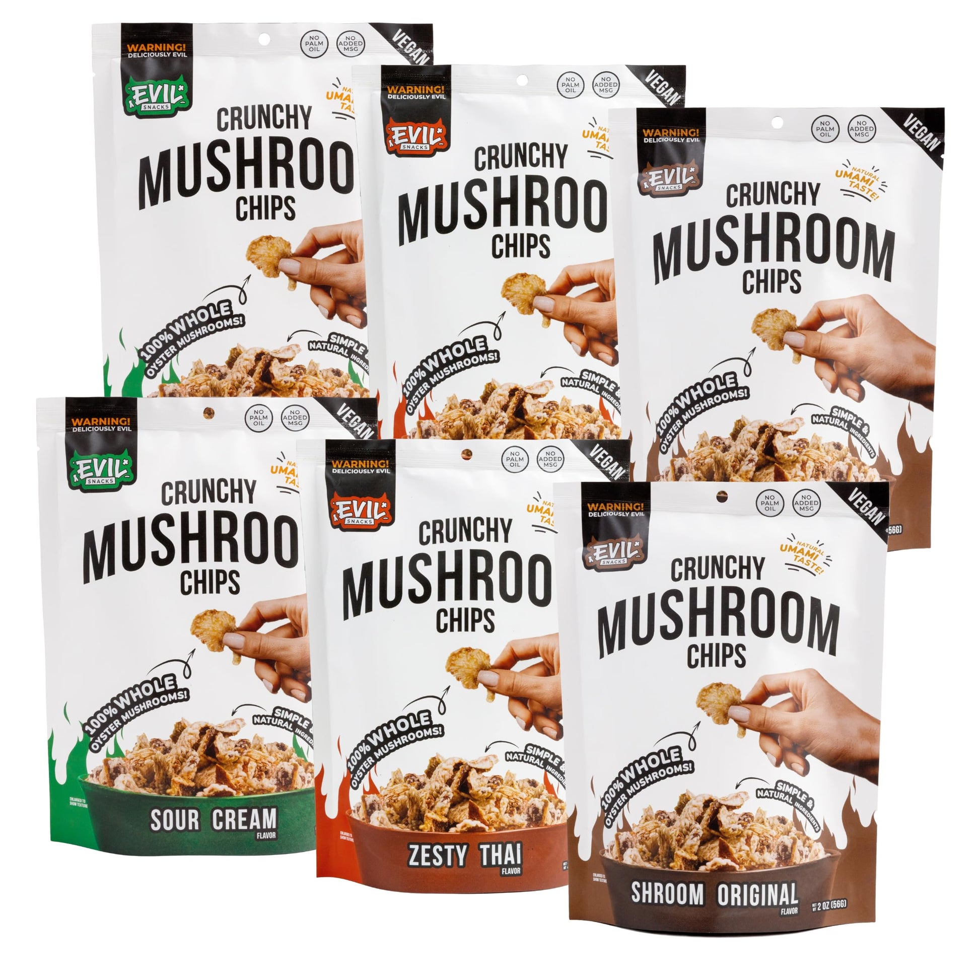 EVIL SNACKS Crunchy Mushroom Chips - VARIETY PACK, Non-GMO, Plant-Based, Vegan - Nutrient-Packed, On-the-Go Snack - 1 Oz (6 Pack