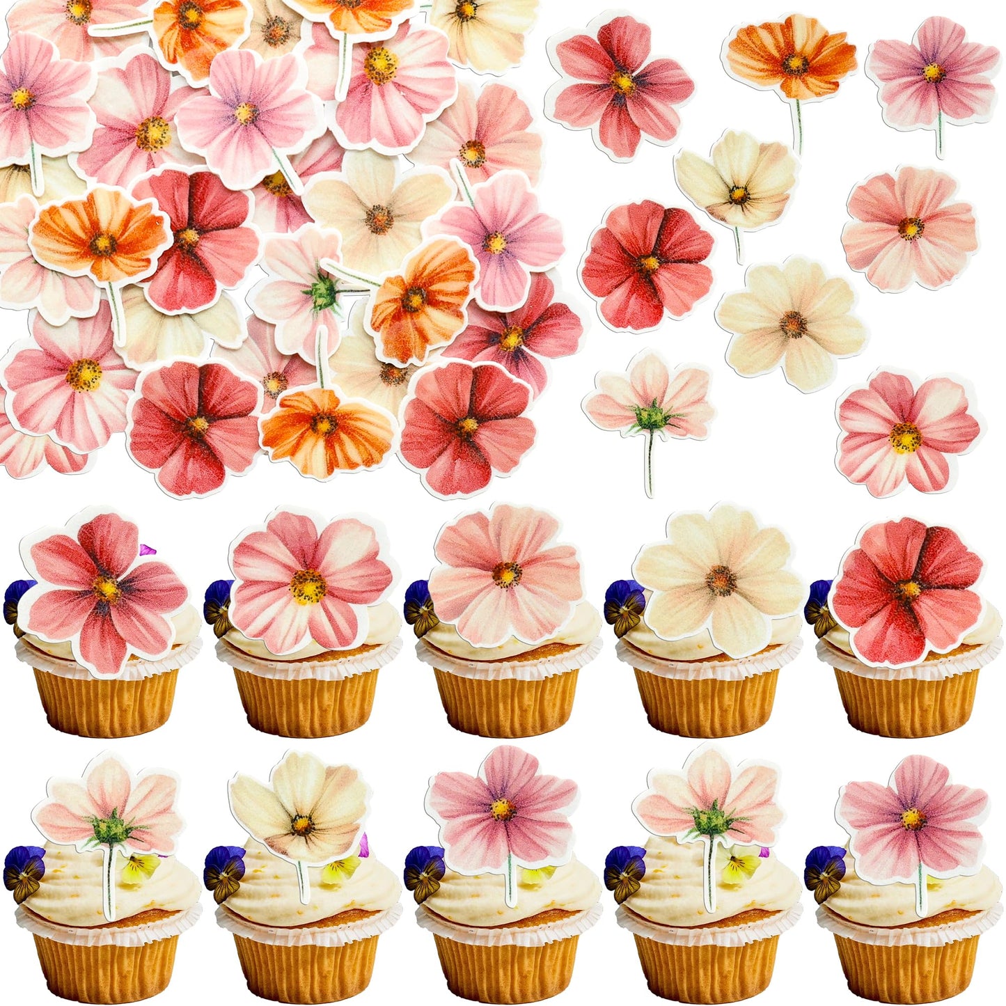 Ephlyn Edible Flower Cupcake Toppers, 50 Pcs Wafer Paper, 1.8 cm, Rose Red, Party Decorations for Bridal, Baby Shower, Birthday, Anniversary