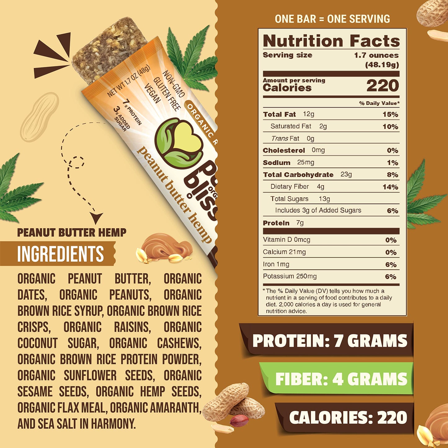 Organic Real Food Bars (Peanut Butter Hemp) Grain Free- Paleo Friendly - Non-GMO, Gluten Free, Vegan, Nutrition Bars, Super Food