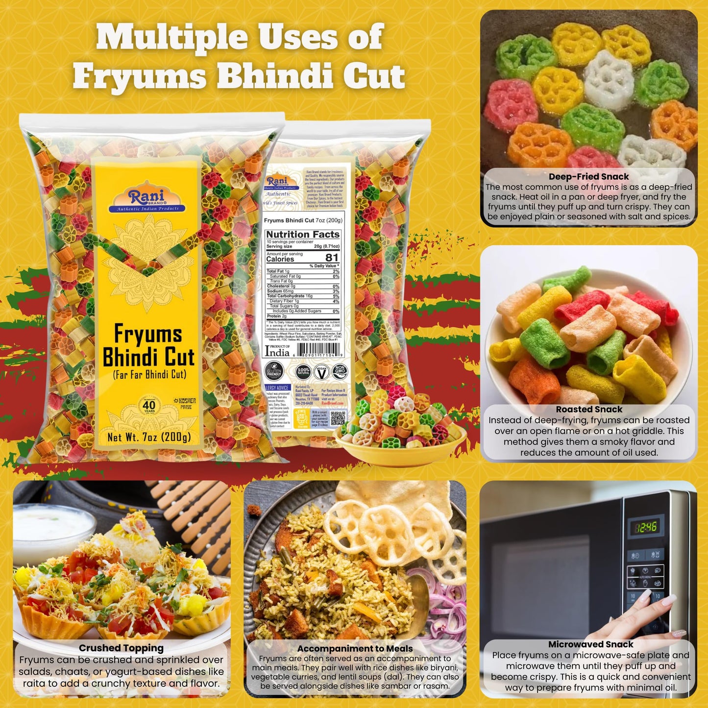 Rani Brand Fryums Bhindi Shape 7oz Vegan Uncooked Snack - Wheat & Tapioca project piece