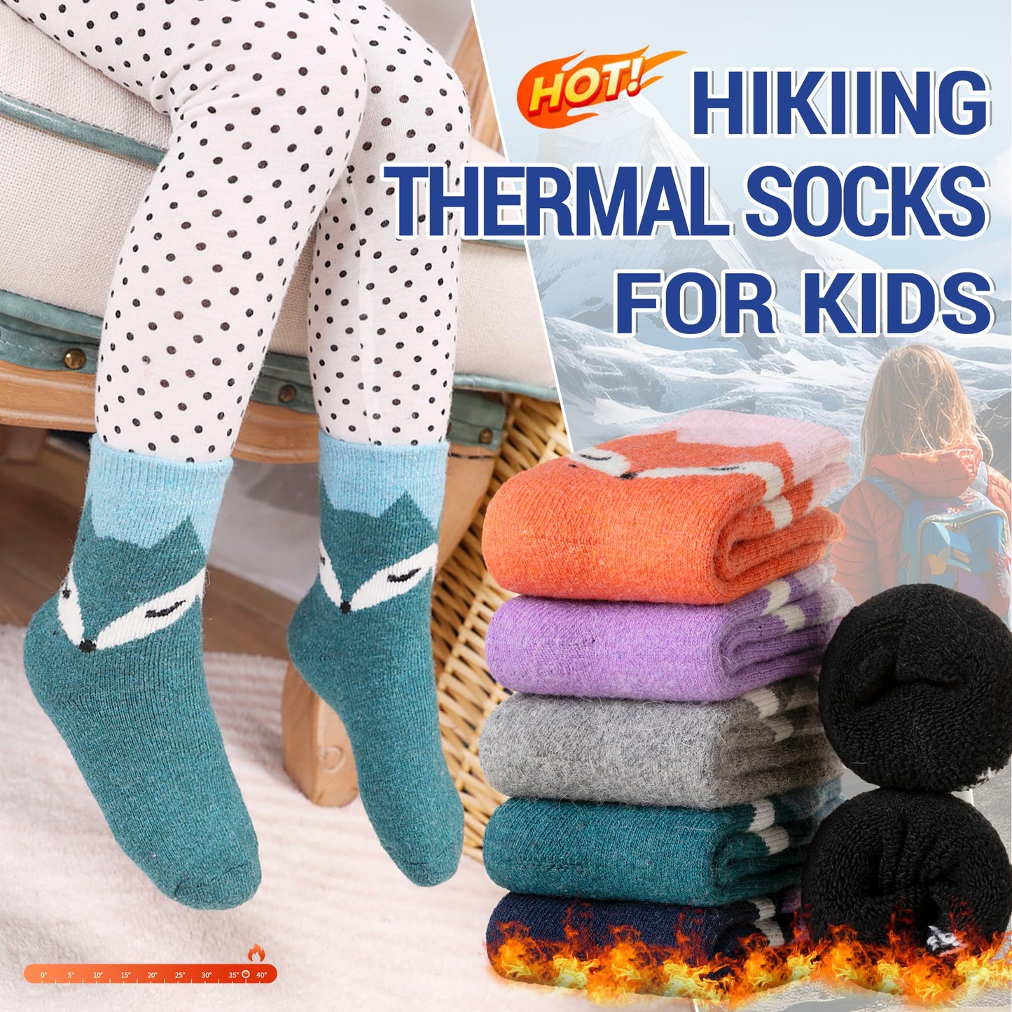 Eocom 6 Pairs Childrens Winter Warm Wool Socks Kids Toddlers Boys Girls Thermal Thick Boot Cozy Crew Socks (8-12 Years, Fox)