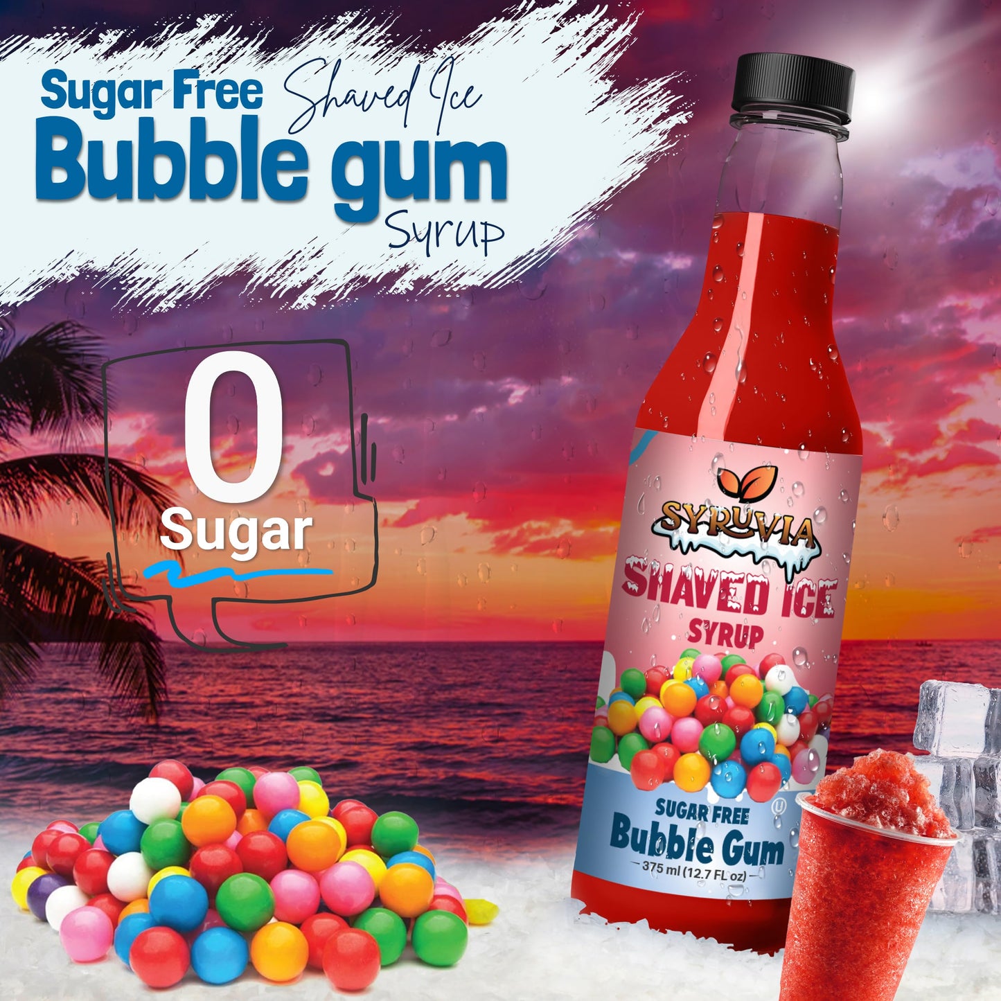Syruvia Sugar-Free Snow Cone Syrup 12.7oz -Bubble Gum - 0 Calorie Syrup For Shaved Ice  Snow Cones  Slushies  Italian Soda  Popsicles. Keto Friendly  Kosher  Dairy Free