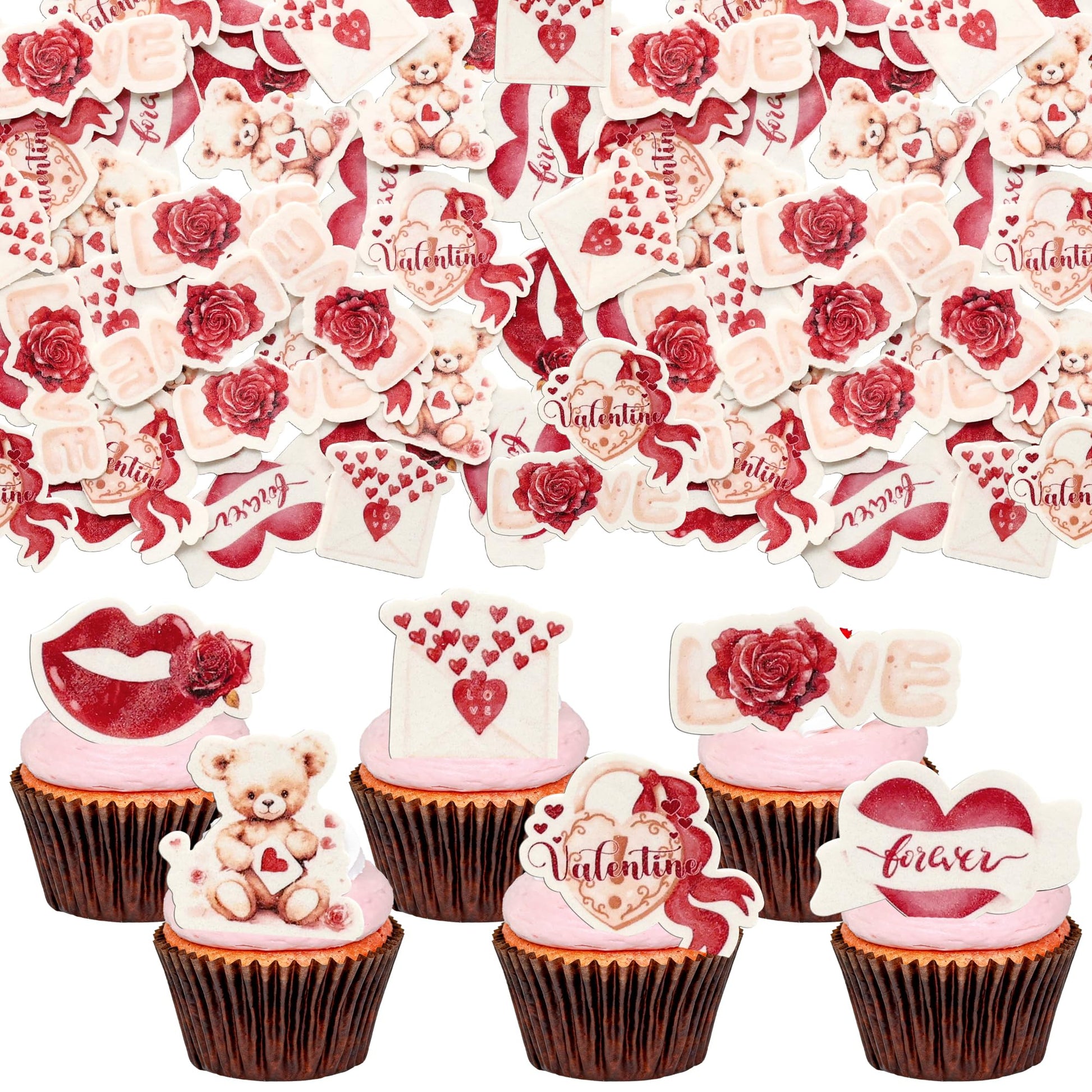 Ephlyn 48Pcs Edible Valentines Day Bear Cupcake Toppers Red Pink Sweet Love Heart Cupcake Picks Happy Valentine S Day Cake Decorations For Valentine S Day Theme Party Supplies