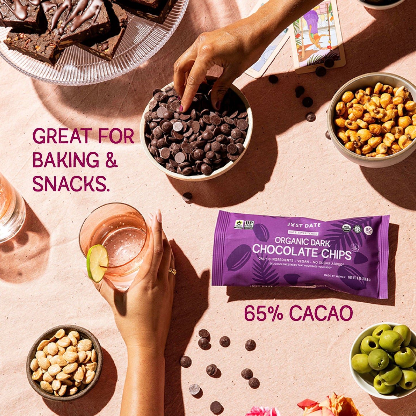 Just Date Organic Date Sweetened Dark Chocolate Chips / 65% Cacao / Vegan / No Sugar Added / Only 3 Ingredients / Low Glycemic I