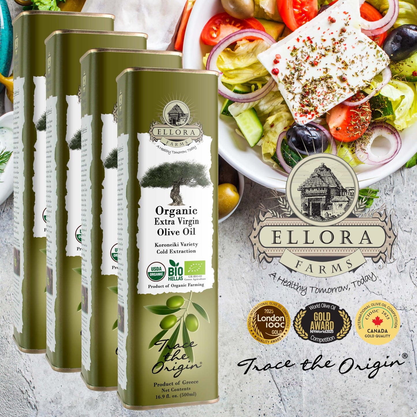 Ellora Farms USDA Organic Extra Virgin Olive Oil, Unfiltered, High Oleocanthal, 17 oz Tin, Pack of 4