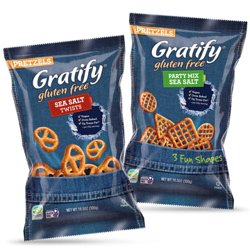 Gratify Pretzel Party Mix Sea Salt & Sea Salt Twists Bundle (2 Pack) Vegan Gluten Free Oven Baked