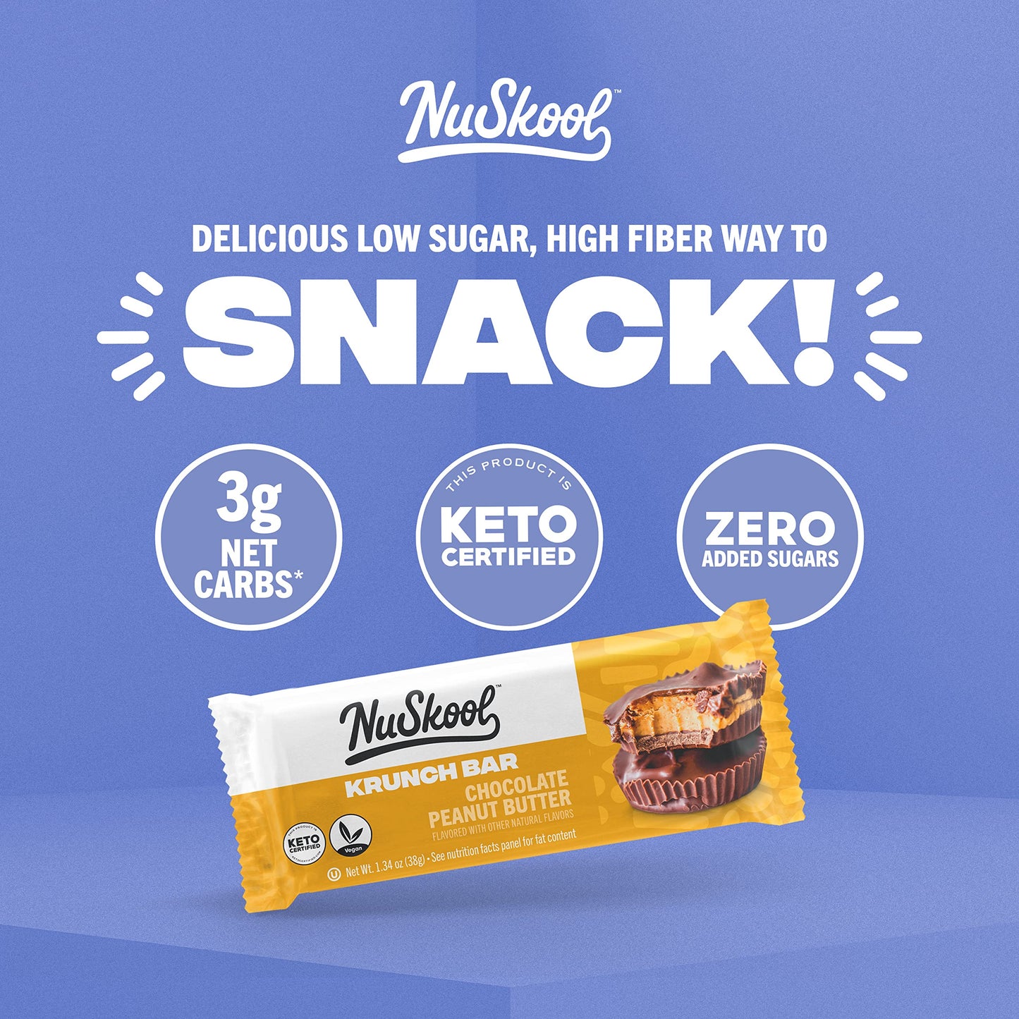 NuSkool Snacks Chocolate Peanut Butter Keto Friendly Protein Krunch Bars (12 Pack) - 7g Fiber, 10g Clean Plant-Based Protein, 3g