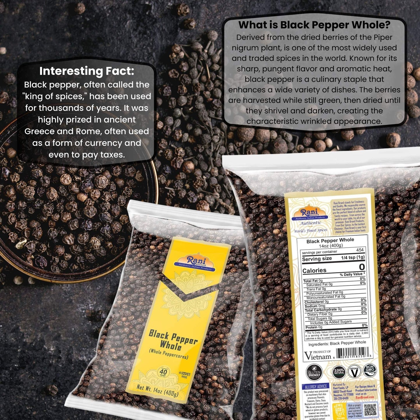 Rani Black Pepper Whole (Peppercorns), Premium Mg-1 Grade 14Oz (400G) ~ All Natural | Gluten Friendly | Non-Gmo | Kosher | Product Of Vietnam | Perfect Size For Grinders!