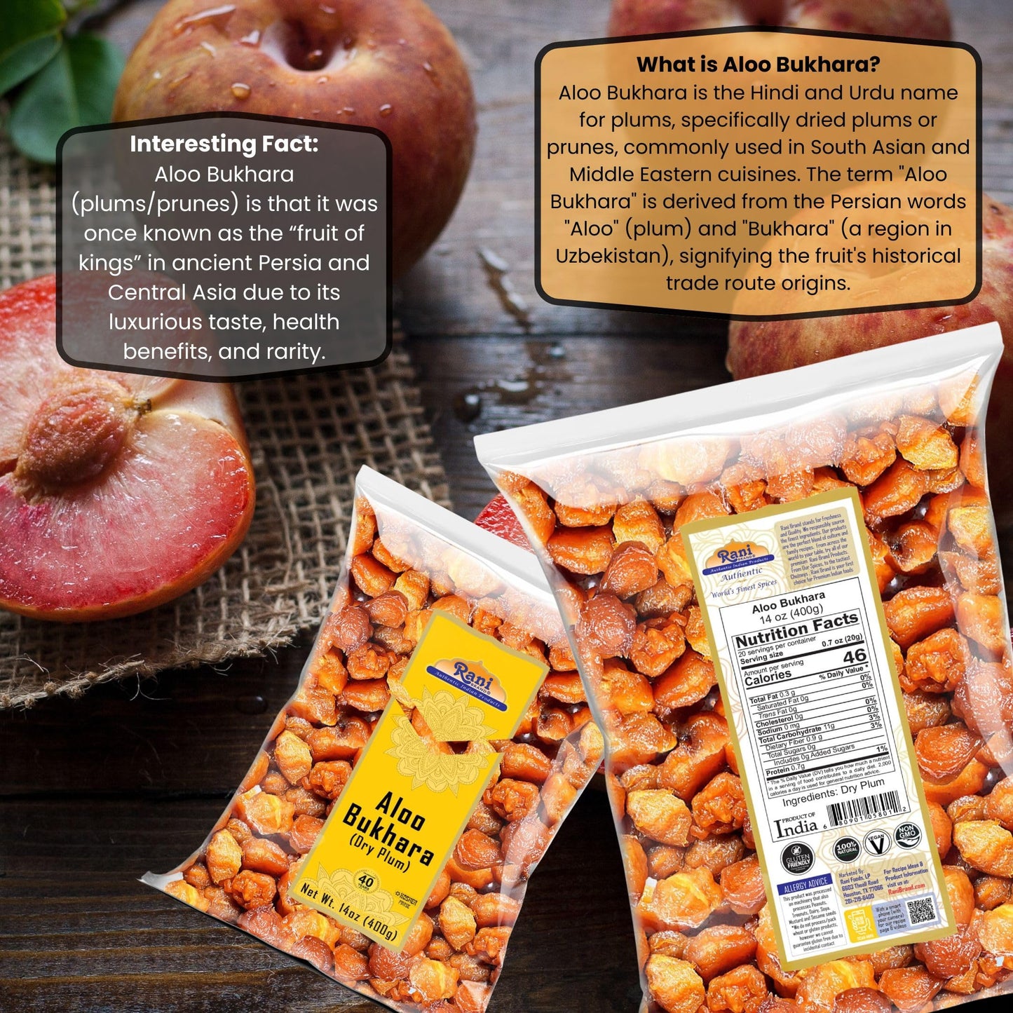 Rani Aloo Bukhara Dry Plum 14oz | All Natural, Salt Free, Vegan, Gluten Friendly, NON-GMO, Kosher, Indian Origin