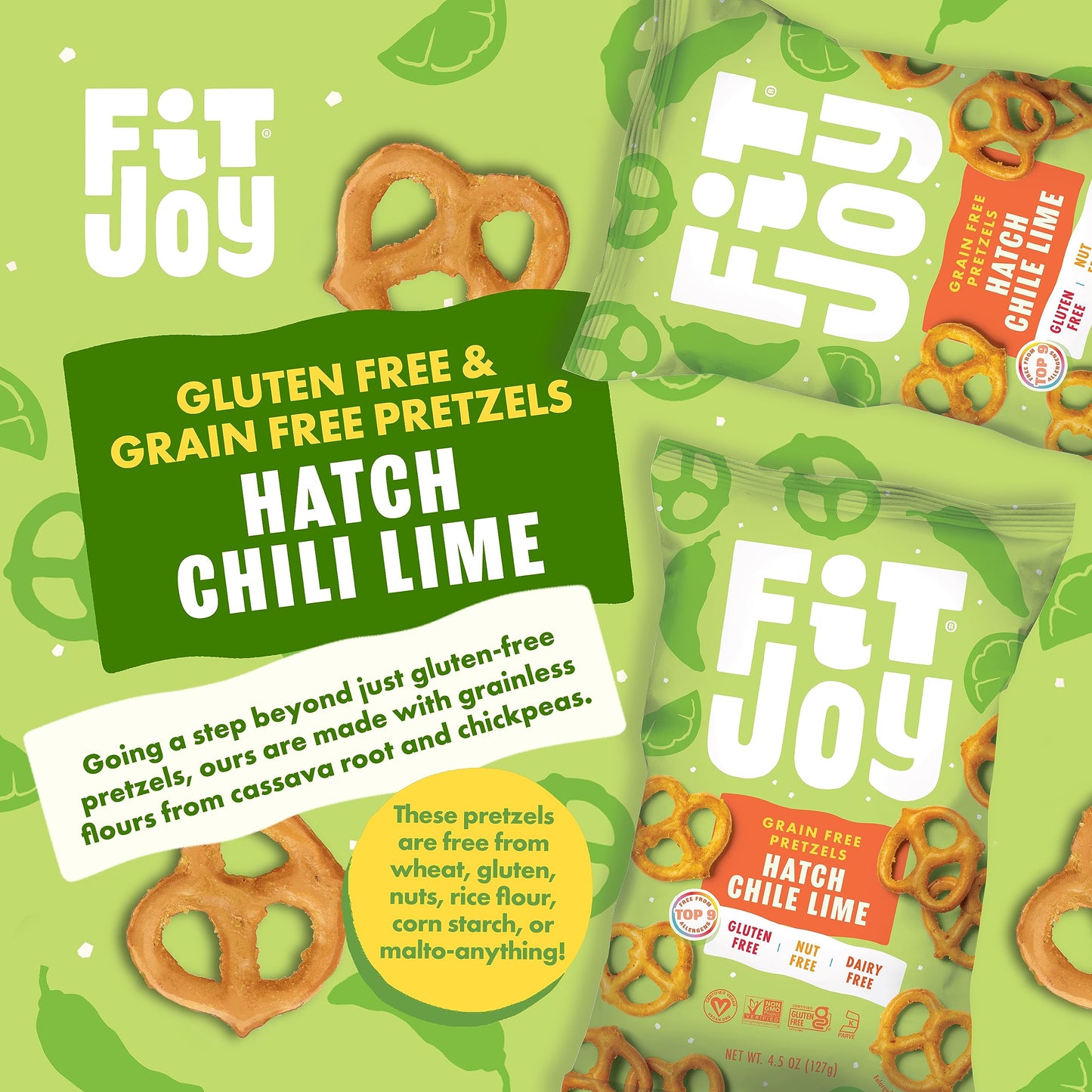 Fitjoy Gluten Free Pretzels, Hatch Chile Lime Twists, Grain Free: Gluten Free Snacks With Made-In-Usa Crispy Crunchiness -Nut Fr